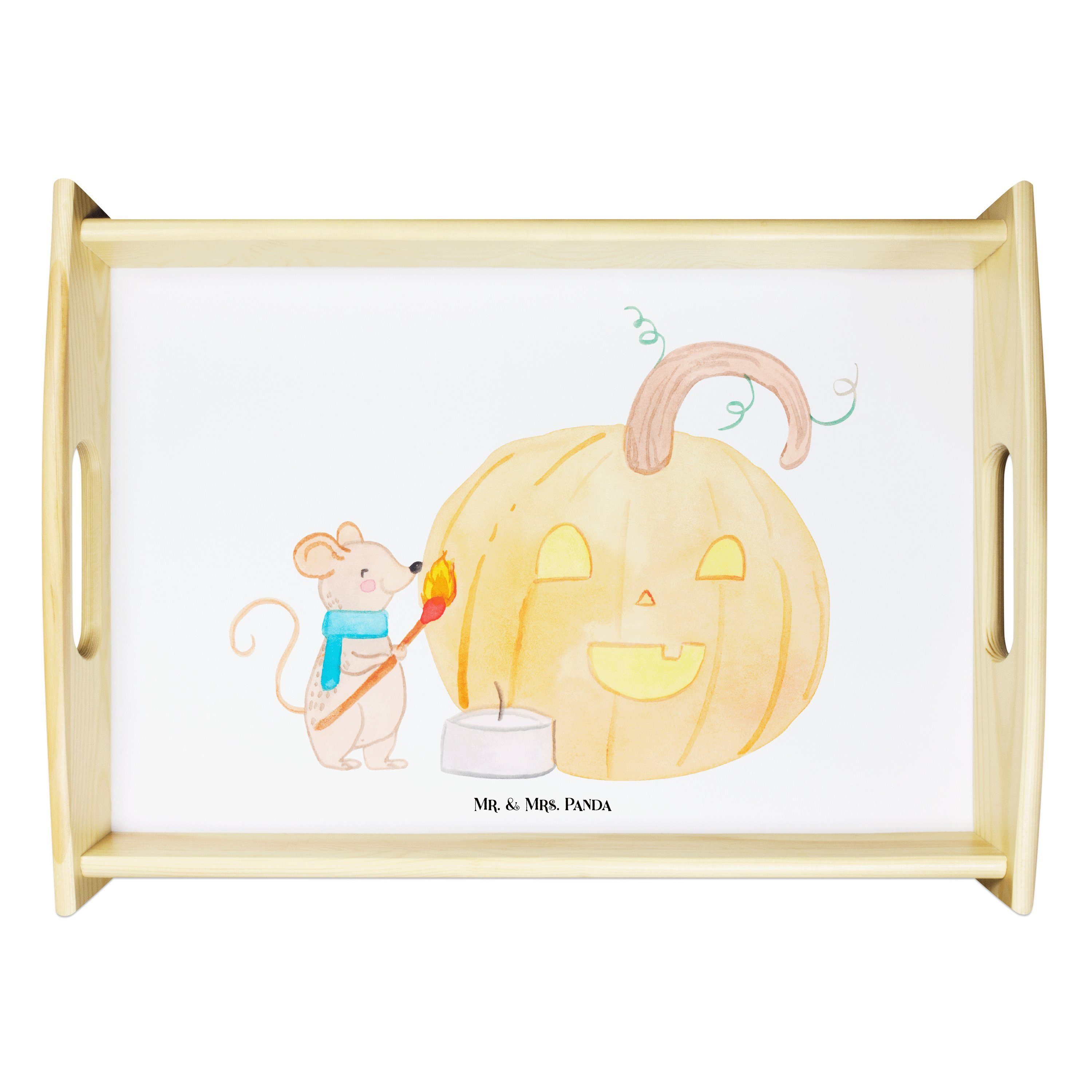 Mr. & Mrs. Panda Tablett Kürbis Maus - Weiß - Geschenk, Halloween, Dekoration, Süßes sonst gi, Echtholz lasiert, (1-tlg)