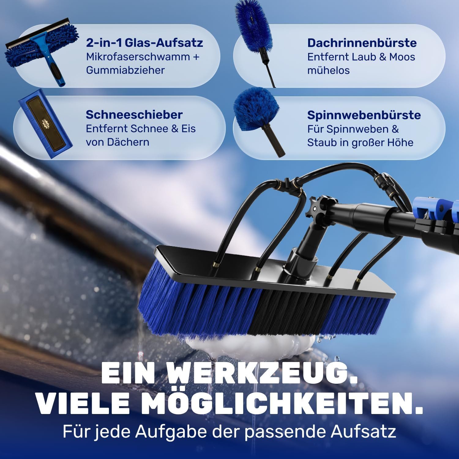 BoomDing Reinigungsbürsten-Set BoomDing Teleskop Waschbürste 5,8 m – Reinigungsset mit 5 Aufsätzen, (Set), Innenliegender Schlauch, inklusive Schneeschieber