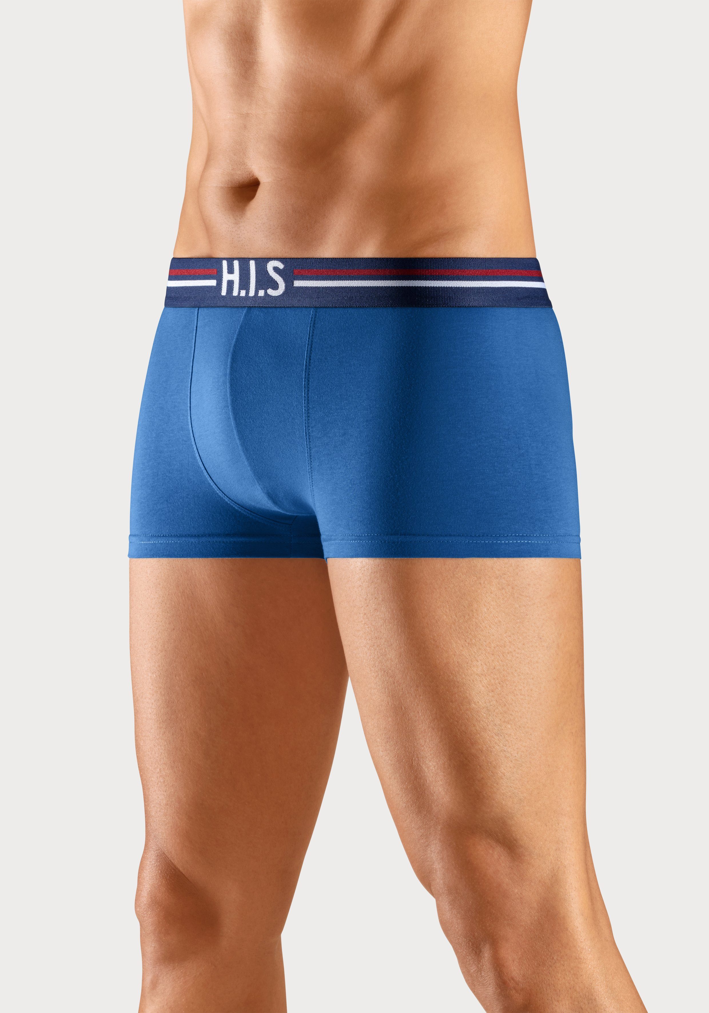 H.I.S Boxershorts (Packung, 5-St) mit hellblau, Streifen Hipster-Form und navy, Bund Markenlogo weiß, schwarz in im blau
