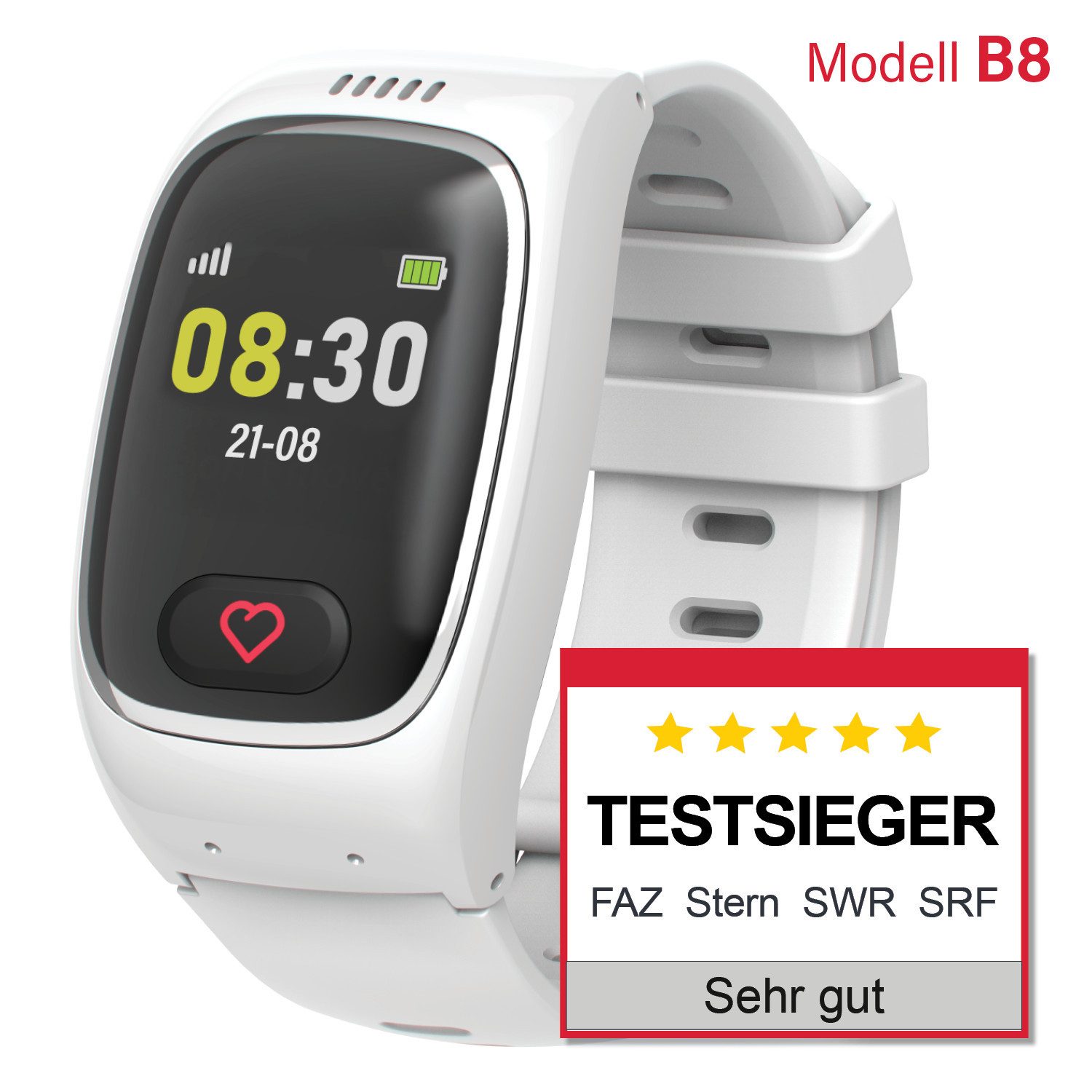 myjames B8 - die vielfach ausgezeichnete Notrufuhr Smartwatch (2,54 cm/1,4 Zoll), mit magnetischem Ladekabel, integrierter SIM-Karte, mit Sturzerkennung & Vitalfunktionen inkl. EU-Roaming SIM-Karte