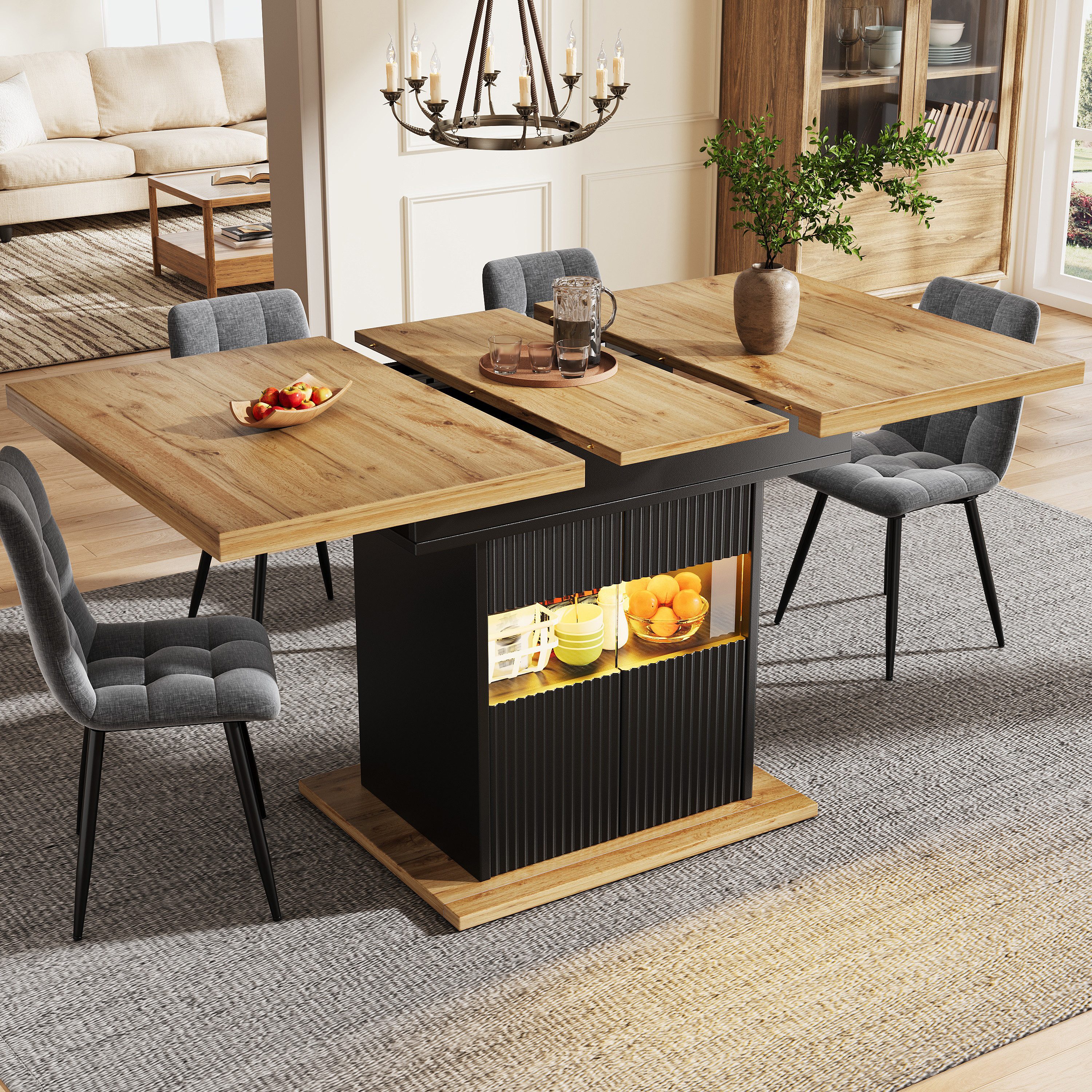 STILVORA Bartisch Ausziehbarer Esstisch Buffetschrank mit verstellbarem Einlegeboden (Ausziehbarer Esstisch, MDF, 110-140cm, Schwarz-Holz-Optik, LED-Beleuchtung, Stauraumfach, verstellbarer Boden, 60kg), Für Esszimmer, Küche, Homeoffice, offene Wohnbereiche