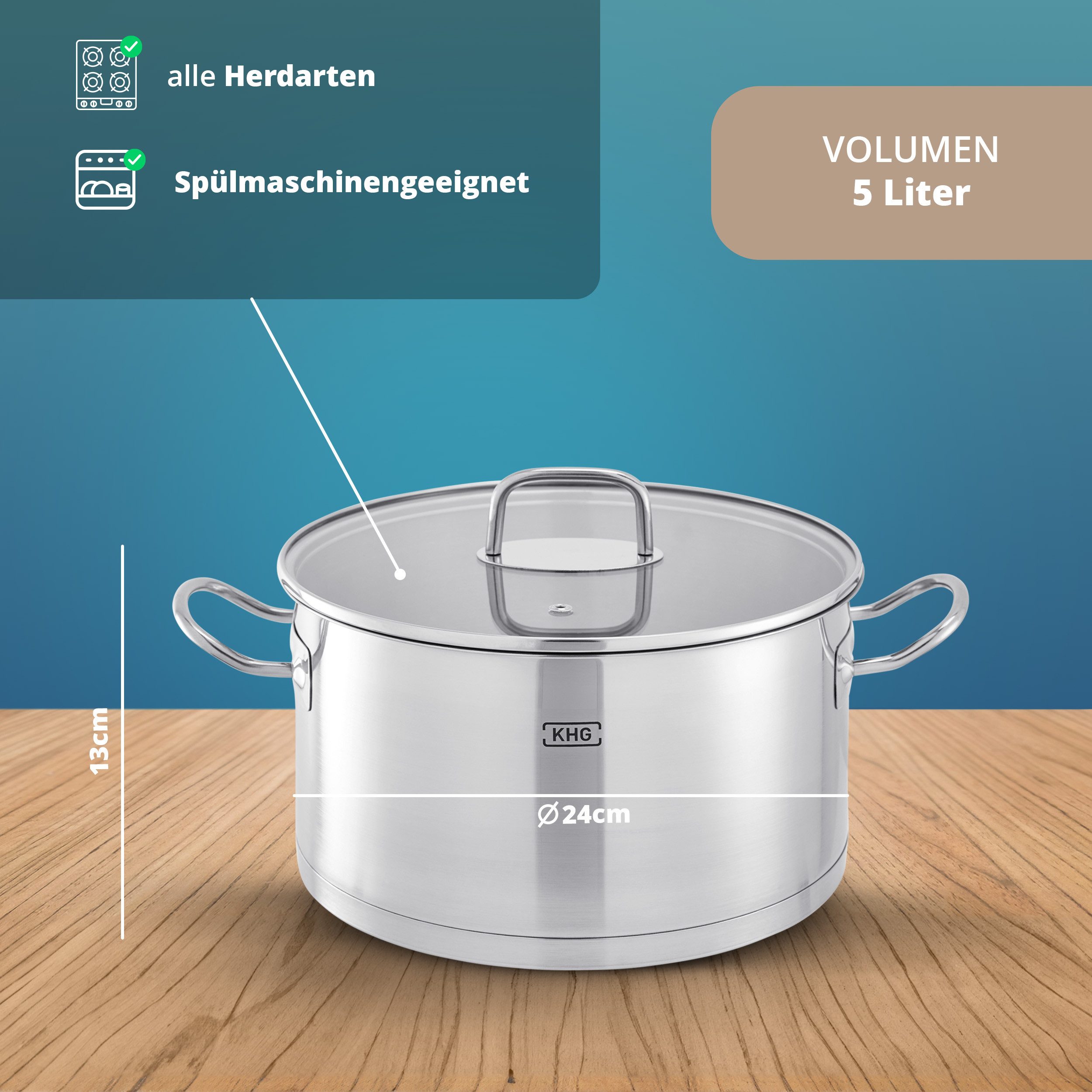 KHG Kochtopf Kochtopf 24 cm Durchmesser, inkl. Glasdeckel, Edelstahl, 5 Liter Volumen, Innenskala, für alle Herdarten inklusive Induktion