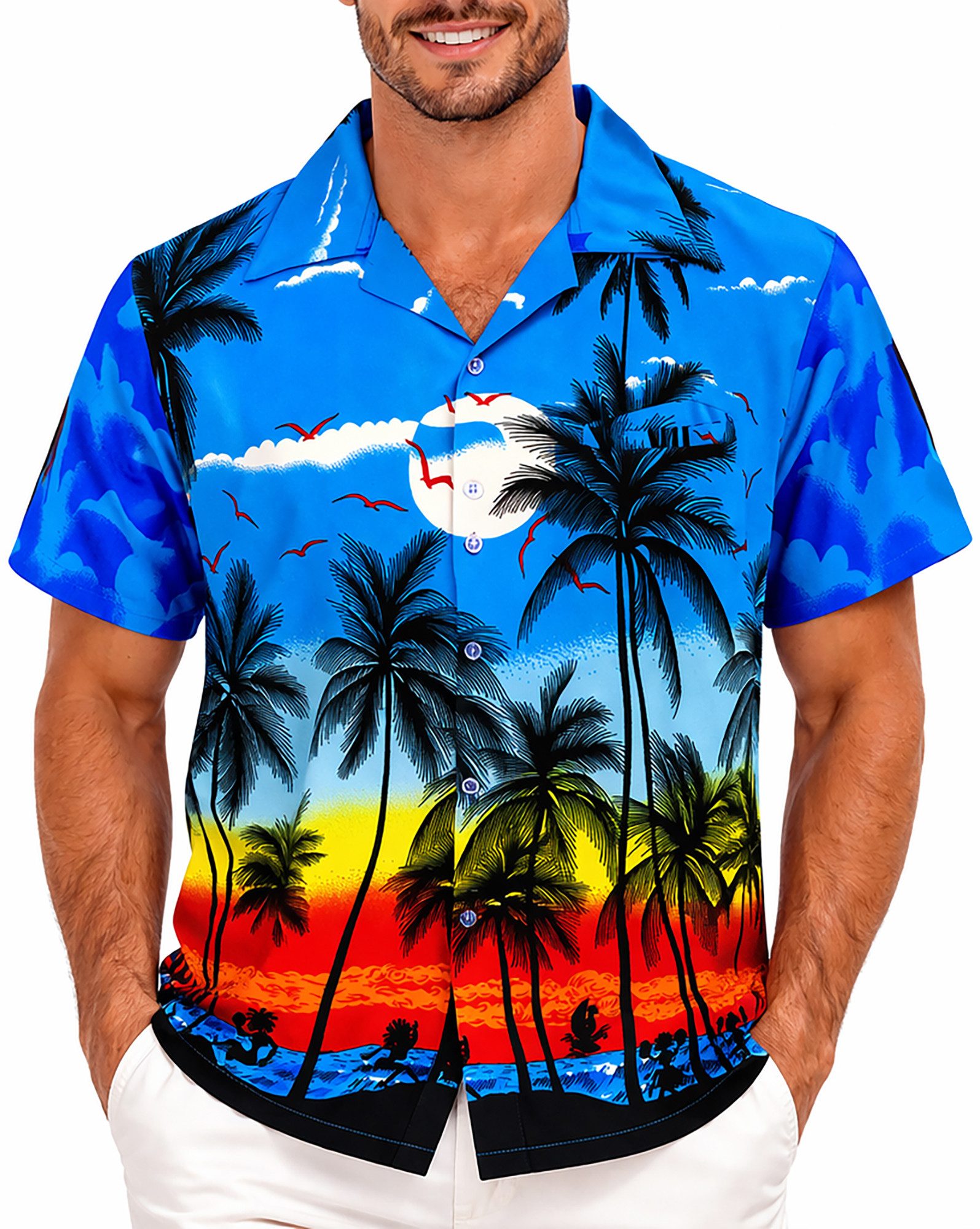 King Kameha Hawaiihemd "Beach" Funky Hawaii-Hemd Herren Kurzarm Front-Tasche Stylish