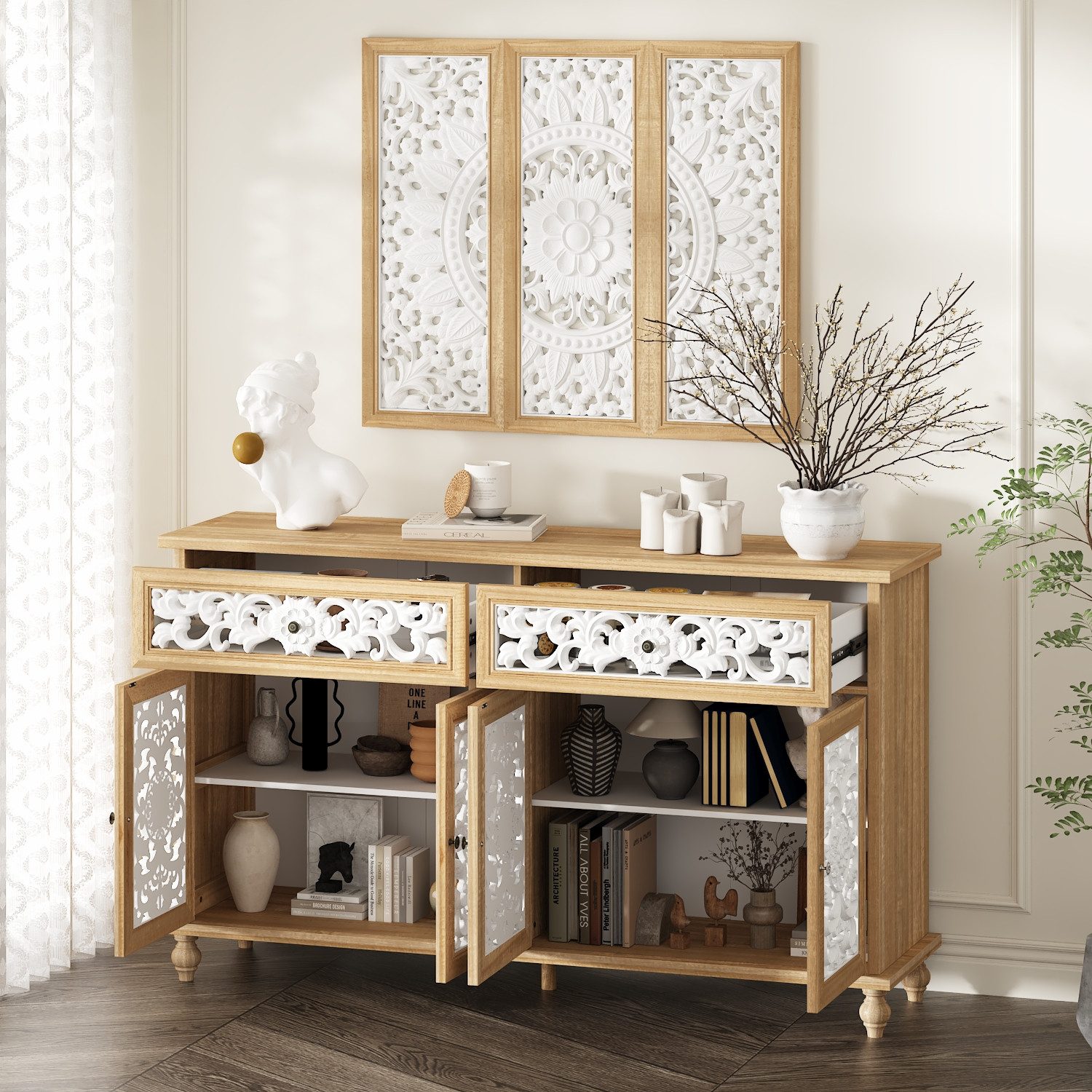 FUFU&GAGA Sideboard mit 4- Türen und 2- Schubladen, mit Zierholzrahmen, Holzoptik