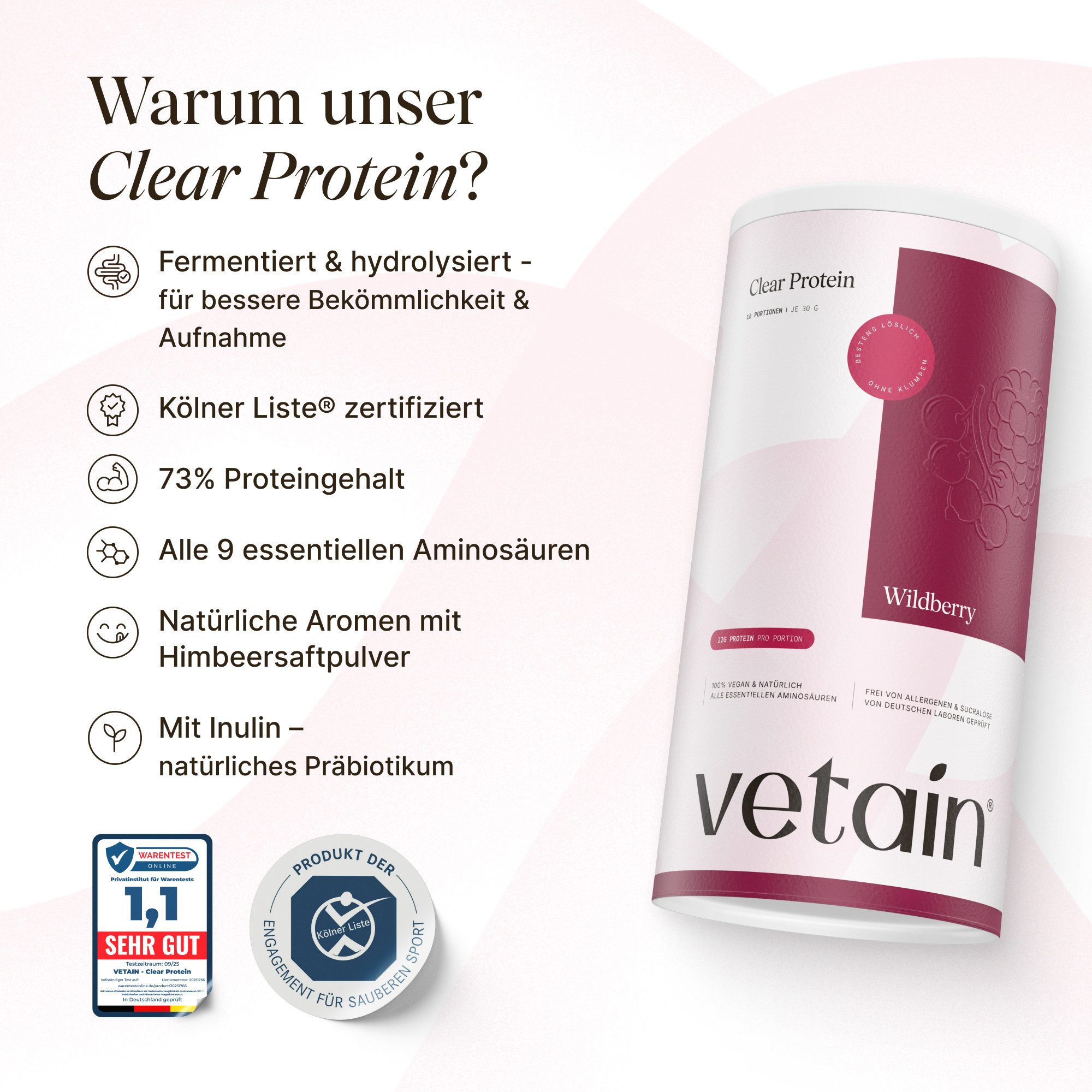 VETAIN Clear Protein Vegan - 22g Protein - ohne Sucralose - Pulver, - 480g à, Fermentiert, cleane Zutatenliste, natürliche Aromen & Fruchtpulver