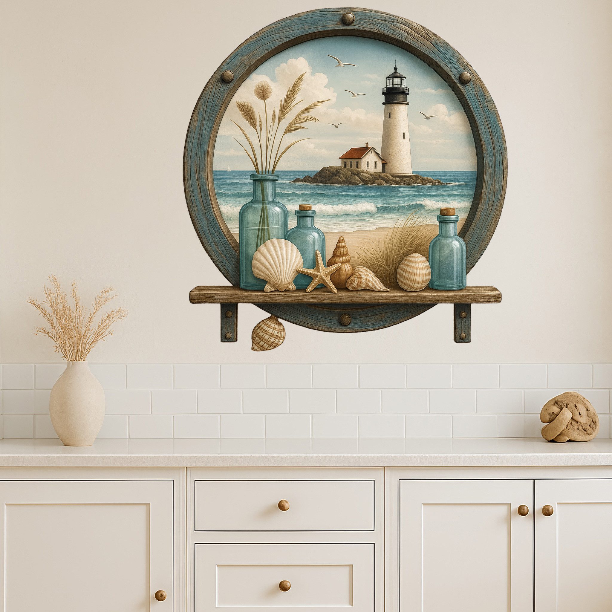 Sunnywall Wandtattoo Aufkleber Maritim Bullauge blau türkis mit Leuchtturm günstig online kaufen