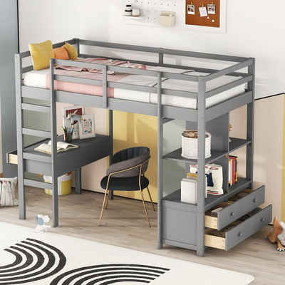 Merax Hochbett mit Schreibtisch und Regal Etagenbett 90x200cm mit Schubladen, Kinderbett Kiefer multifunkitonal
