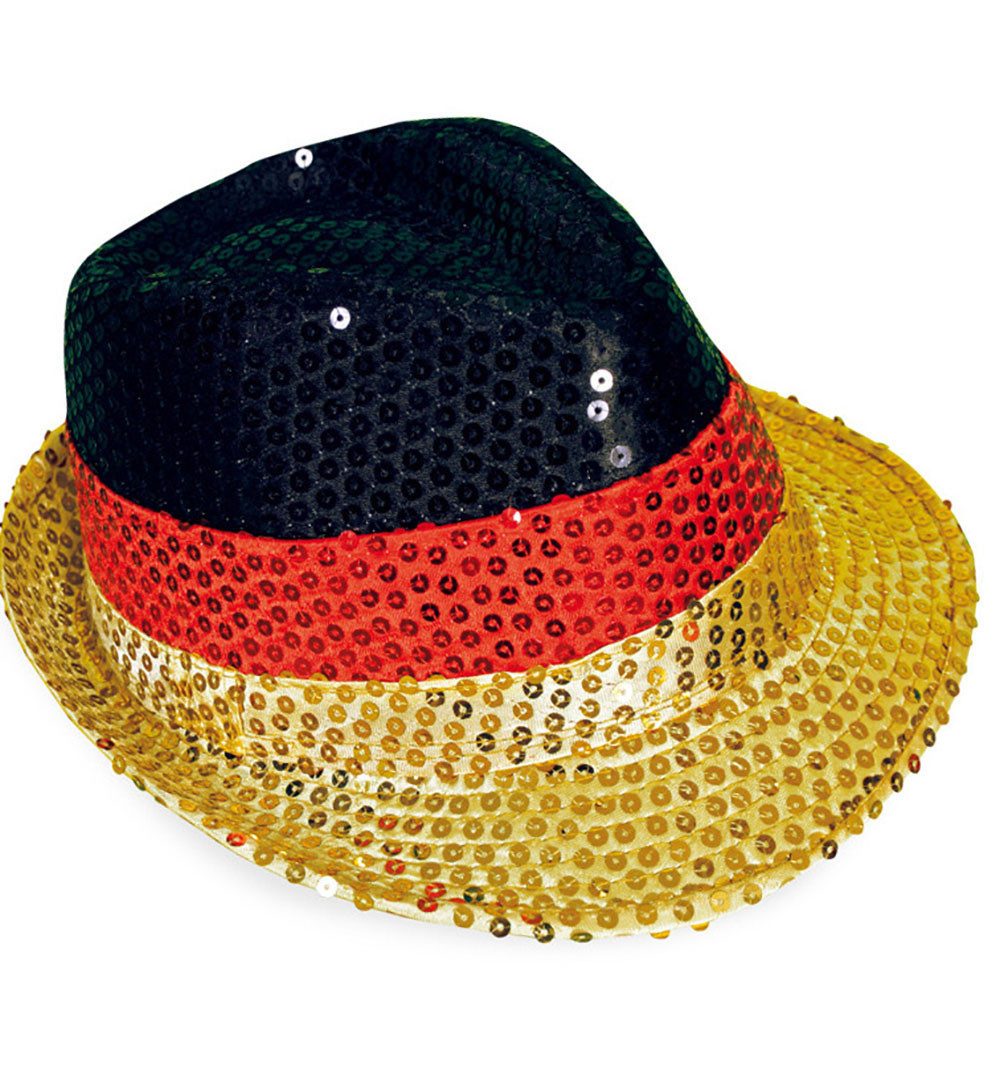 Fries Trilby Deutschland Glitzer Paillettenhut Hut Schwarz Rot Gold Fan WM EM (1-St)