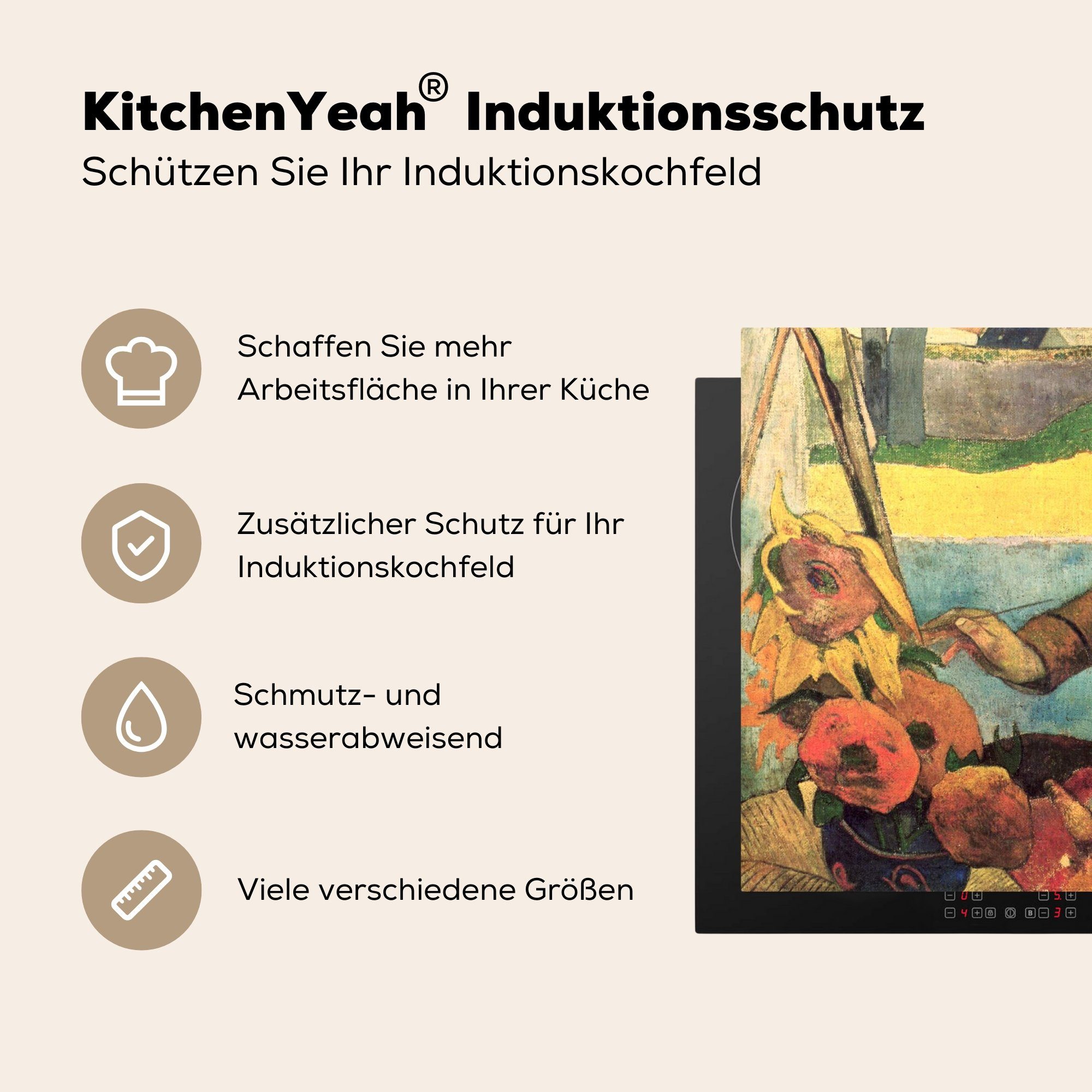 van Der tlg), cm, Herdblende-/Abdeckplatte die Gogh, küche, Vinyl, (1 Sonnenblumenmaler - Ceranfeldabdeckung für Vincent Induktionsmatte 59x52 MuchoWow