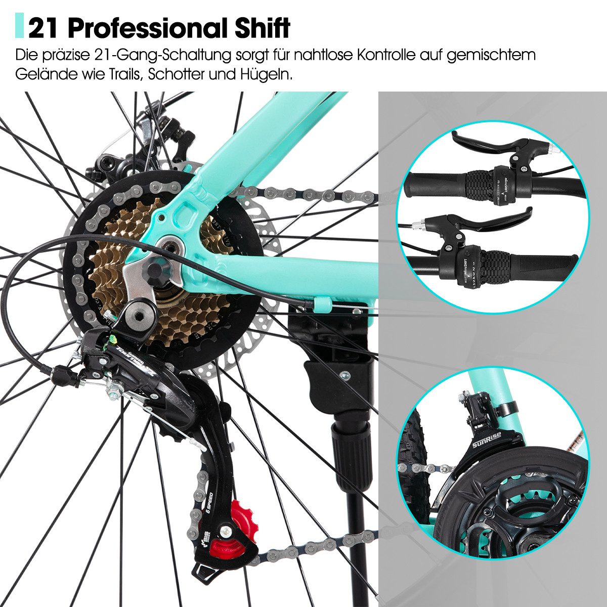HILAND Mountainbike 26 27,5 Zoll Geländefähiges Fahrrad für Männer und Frauen, Aluminiumrahmen, 21-Gang, mechanischen Scheibenbremsen und Federgabel – Bild 4 von 5