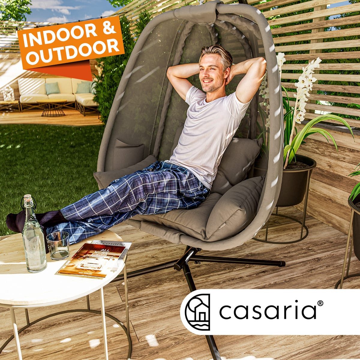 Casaria Hängesessel, mit Gestell XXL Kissen & Seitentaschen Outdoor Wetterfest 150kg