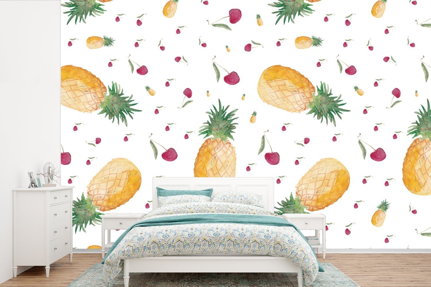MuchoWow Fototapete Obst - Aquarell - Weiß, Matt, bedruckt, (6 St), Wallpaper für Wohnzimmer, Schlafzimmer, Kinderzimmer, Vinyl Tapete
