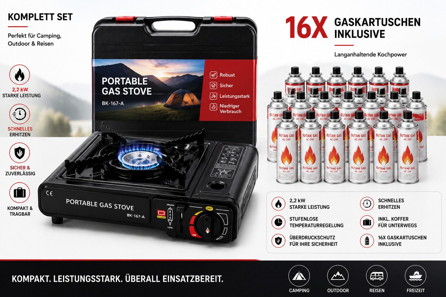 Ertex Gaskocher Campingkocher Gasherd portabel Campingherd mit Koffer & Gaskartuschen