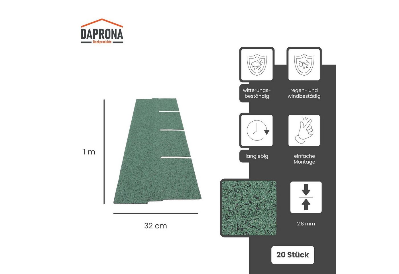 Thumbnail - DAPRONA Dachschindeln Dachschindeln Rechteck 1m x 32cm, Grün, (20-St), Bitumenschindeln für Gartenhaus, Carport