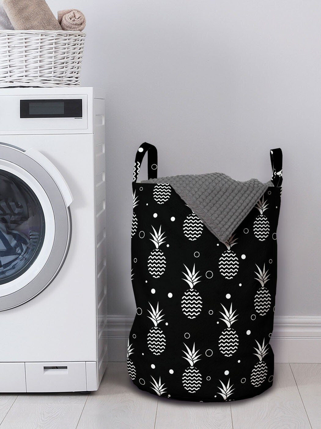 Abakuhaus Wäschesäckchen Wäschekorb mit Griffen Tropisch Kordelzugverschluss für Waschsalons, monochrome Ananasse