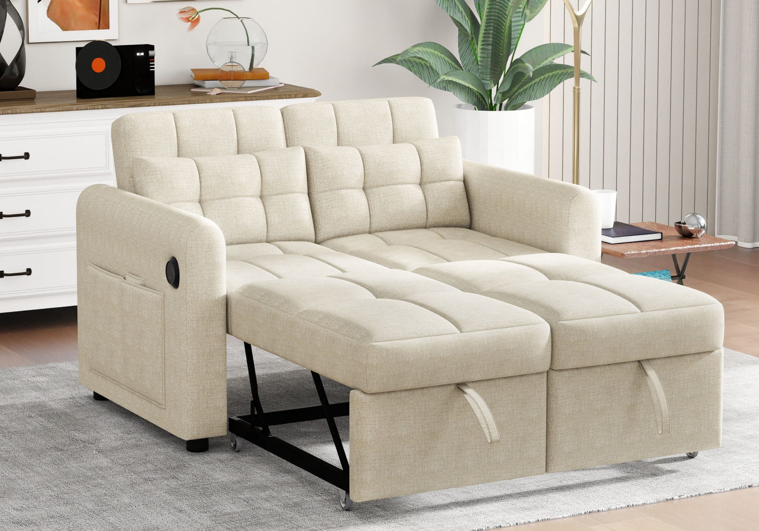 autolock Schlafsofa 3-in-1-Ausziehsofa Zweisitzer mit verstellbarer Rückenlehne, USB, Doppelsofa Loveseat-Sofa für Wohnzimmer, Schlafzimmer, Wohnung