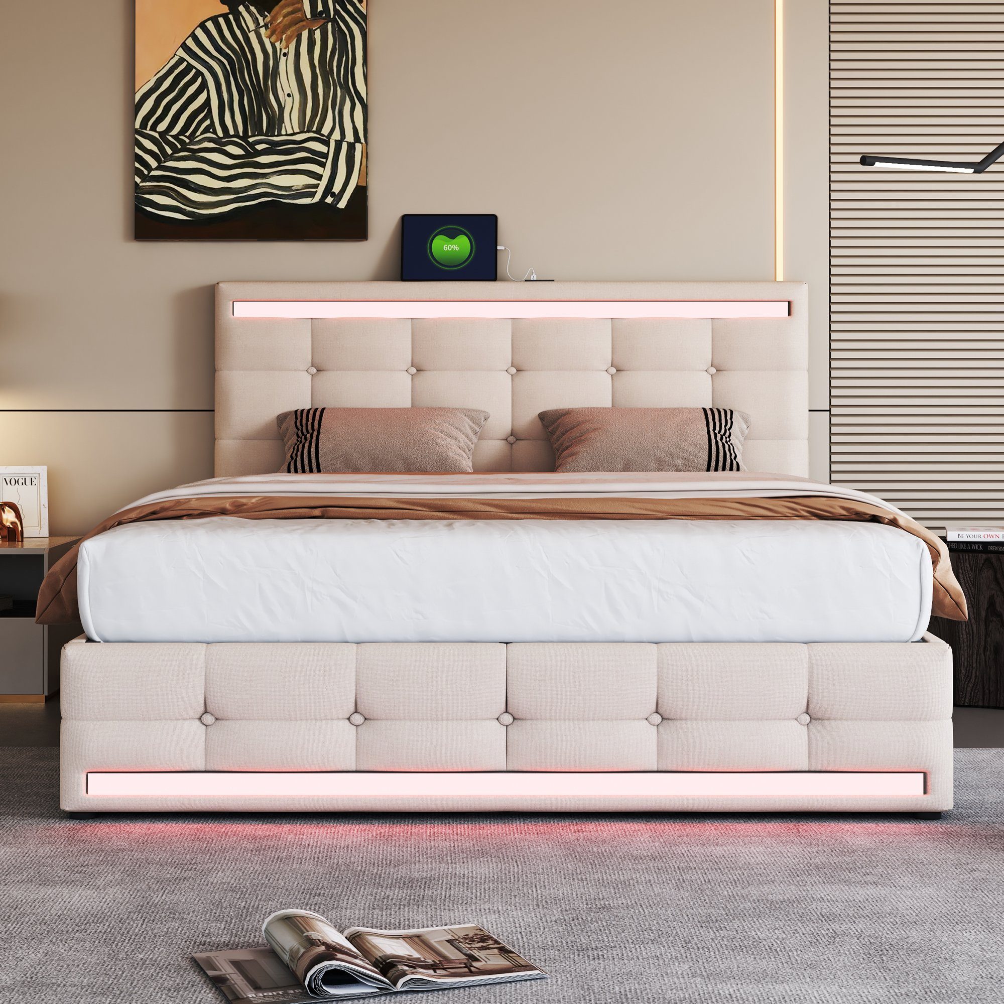 Flieks Polsterbett, LED Doppelbett 4 Schubladen 2 USB-Anschluss 140x200cm L günstig online kaufen