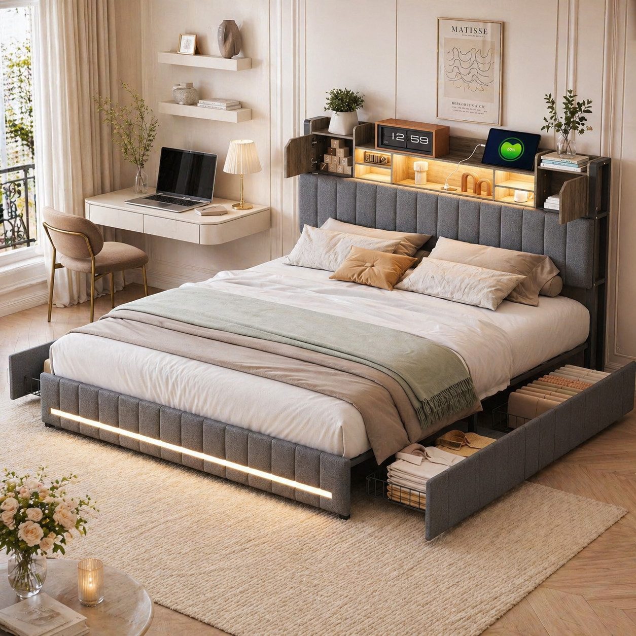Polsterbett 140x200 cm Stauraumbett LED Doppelbett