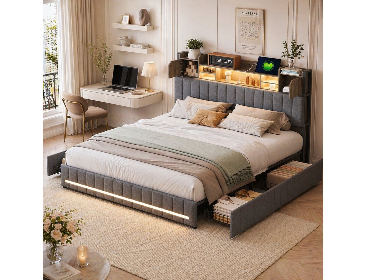 Furnishings Home Polsterbett 140x200 cm Stauraumbett LED Doppelbett (1 tlg, Geeignet für Jungen und Mädchen, Mit große Stauraum), mit Lattenrost und Ladefunktion, mit Komforthöhe, Leises Design Bett