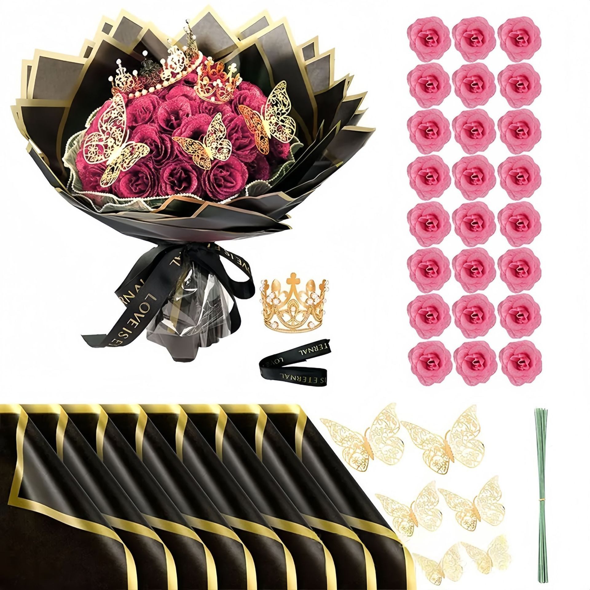 Kunstblume 24 Stück Glitzer-Rosenstrauß, Glitzer Rosen Bouquet, künstliche, Agger, Rosensträuße mit Krone für Geschenke Hochzeitstag Geburtstag