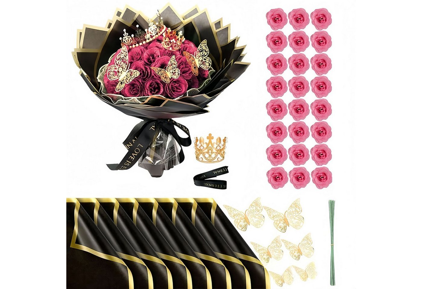 Kunstblume 24 Stück Glitzer-Rosenstrauß, Glitzer Rosen Bouquet, künstliche, Agger, Rosensträuße mit Krone für Geschenke Hochzeitstag Geburtstag