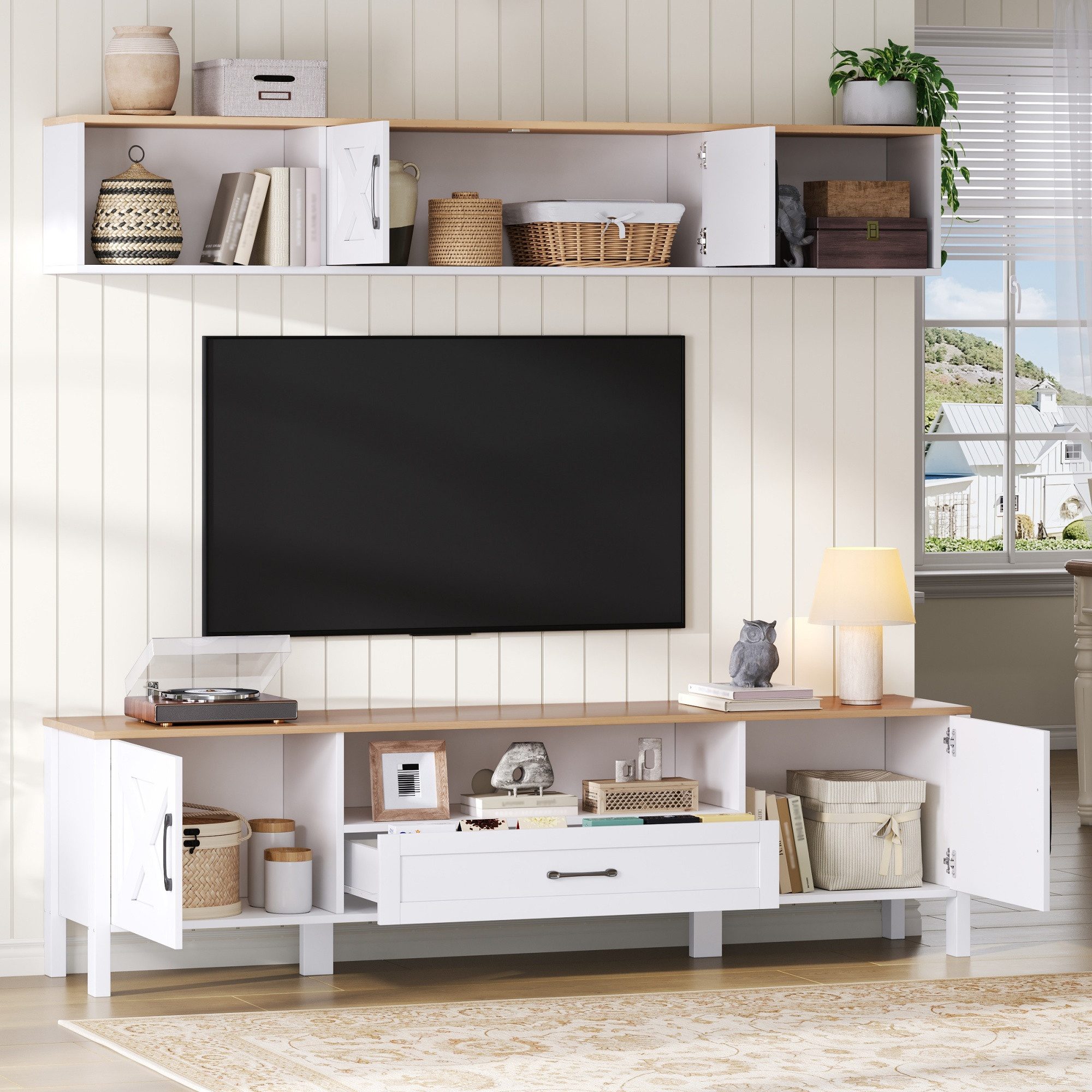 HAUSS SPOLE Wohnzimmer-Set Möbel Set TV Schrank Wandvitrine Platzsparend Medienwand Stauraum Weiß, (TV-Möbel-Set mit Hängeschrank), Multimediawand mit integriertem Kabelmanagement