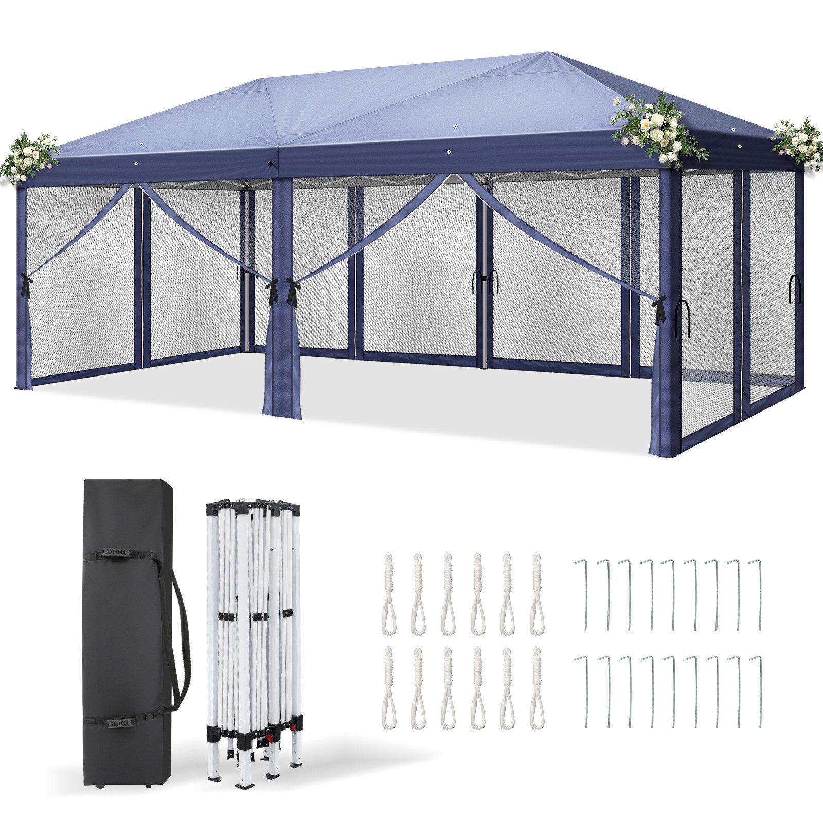 LALAHO Faltpavillon Partyzelt Pop Up Pavillon 3x6m, mit 6 Netzvorhängen, UV-Schutz, mit 6 Seitenteilen, Gartenzelt Gartenpavillon höhenverstellbar,mit Tragetasche,für Garten