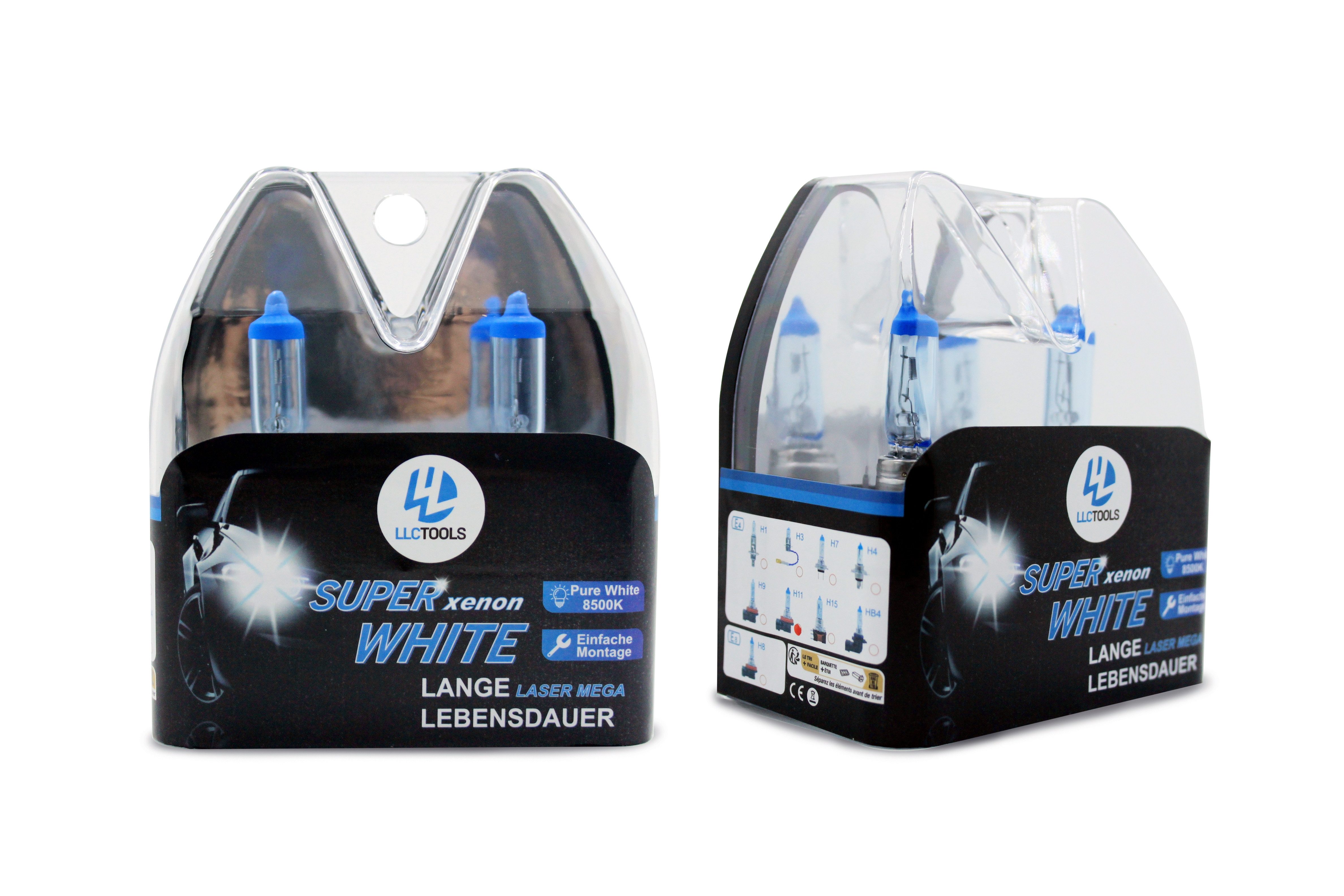 LLCTOOLS KFZ-Ersatzleuchte Halogen Луковицы Glühbirne mit Xenon Optik Effekt H1, H7, H8, H11, H11, 2 St., Superwhite, Halogenlampen effizient 12V 55W mit E-Prüfzeichen