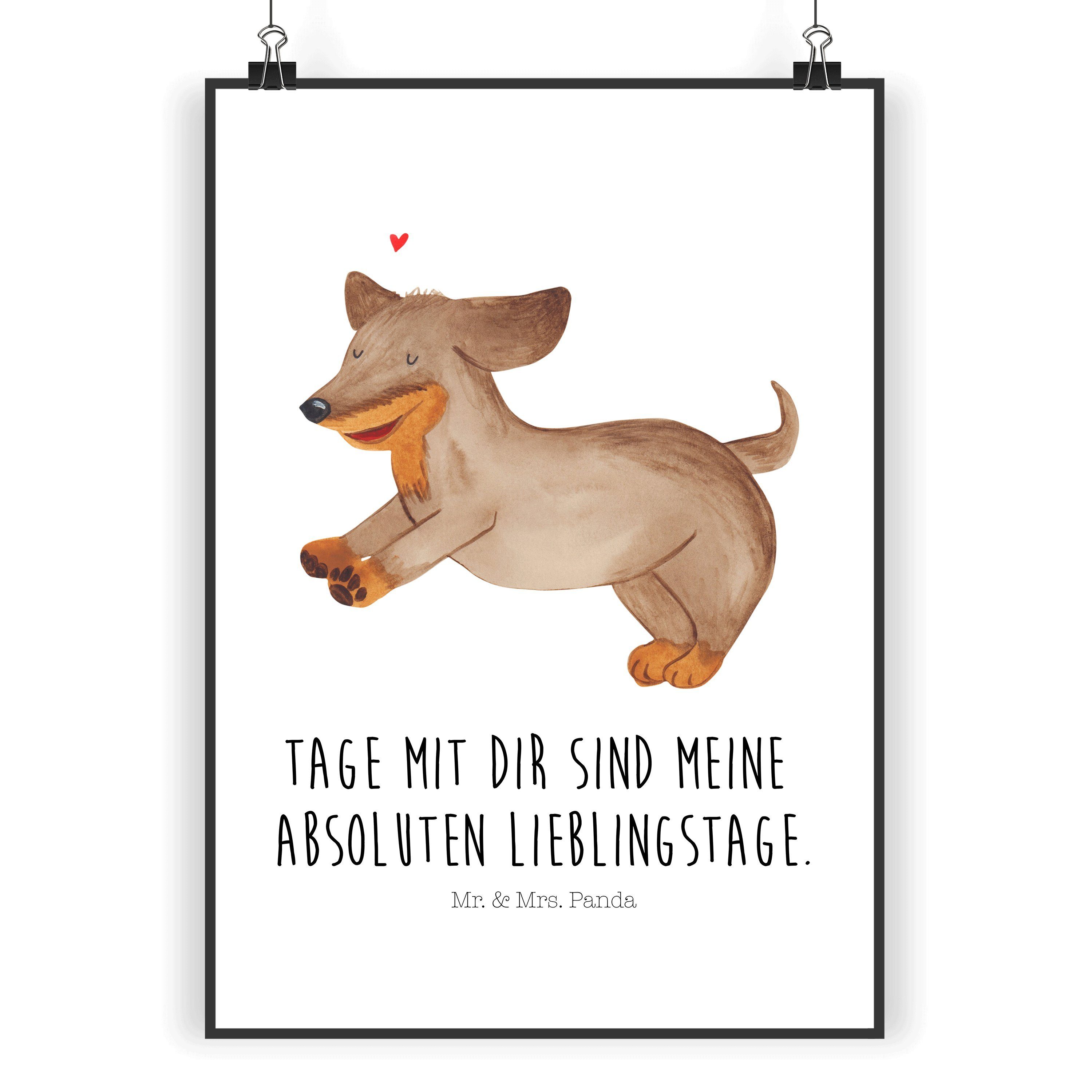 Poster DIN A4 Hund Dackel fröhlich - Weiß - Geschenk, Hundebesitzer, happy d