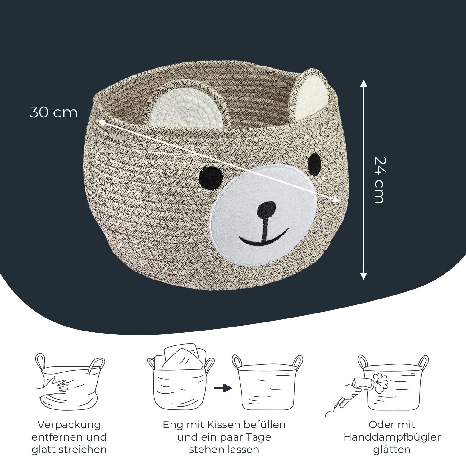 HMF Aufbewahrungskorb Aufbewahrungskorb mit versteckten Griffen, Korb für Kinderzimmer aus Baumwolle, Bär, Hellbraun – Bild 5 von 5