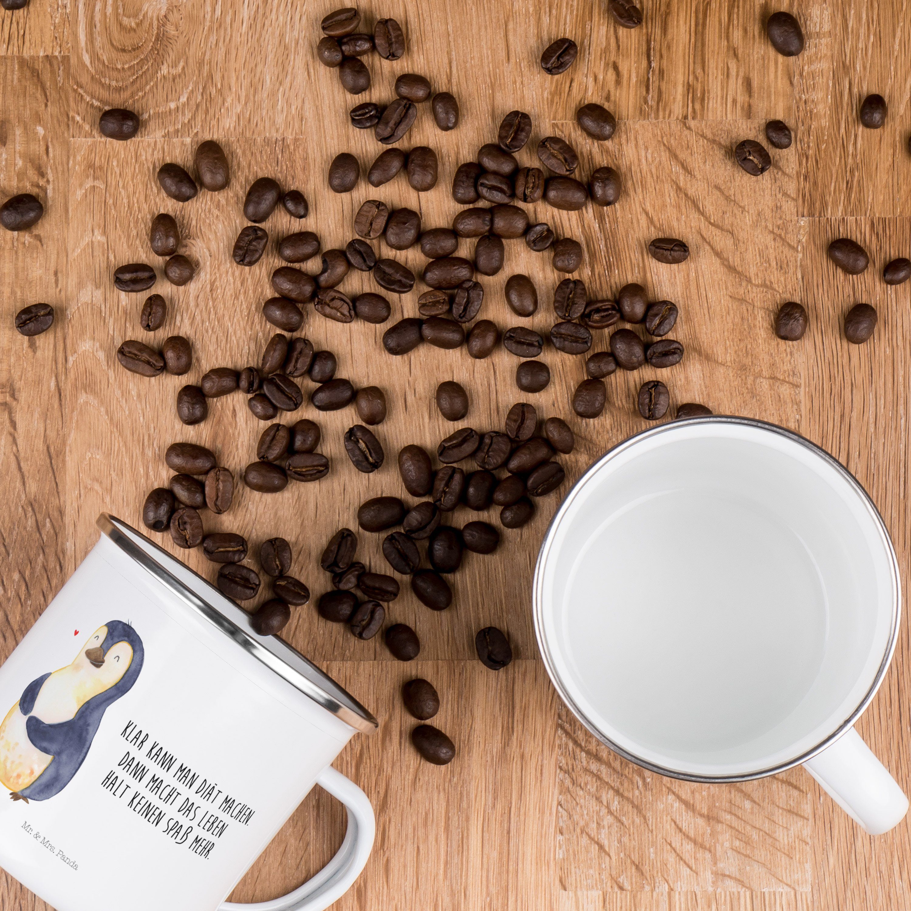 Mr. & Mrs. Panda Becher Pinguin Diät - Weiß - Geschenk, Outdoor Tasse, dick, Kaffee Blechtass, Emaille