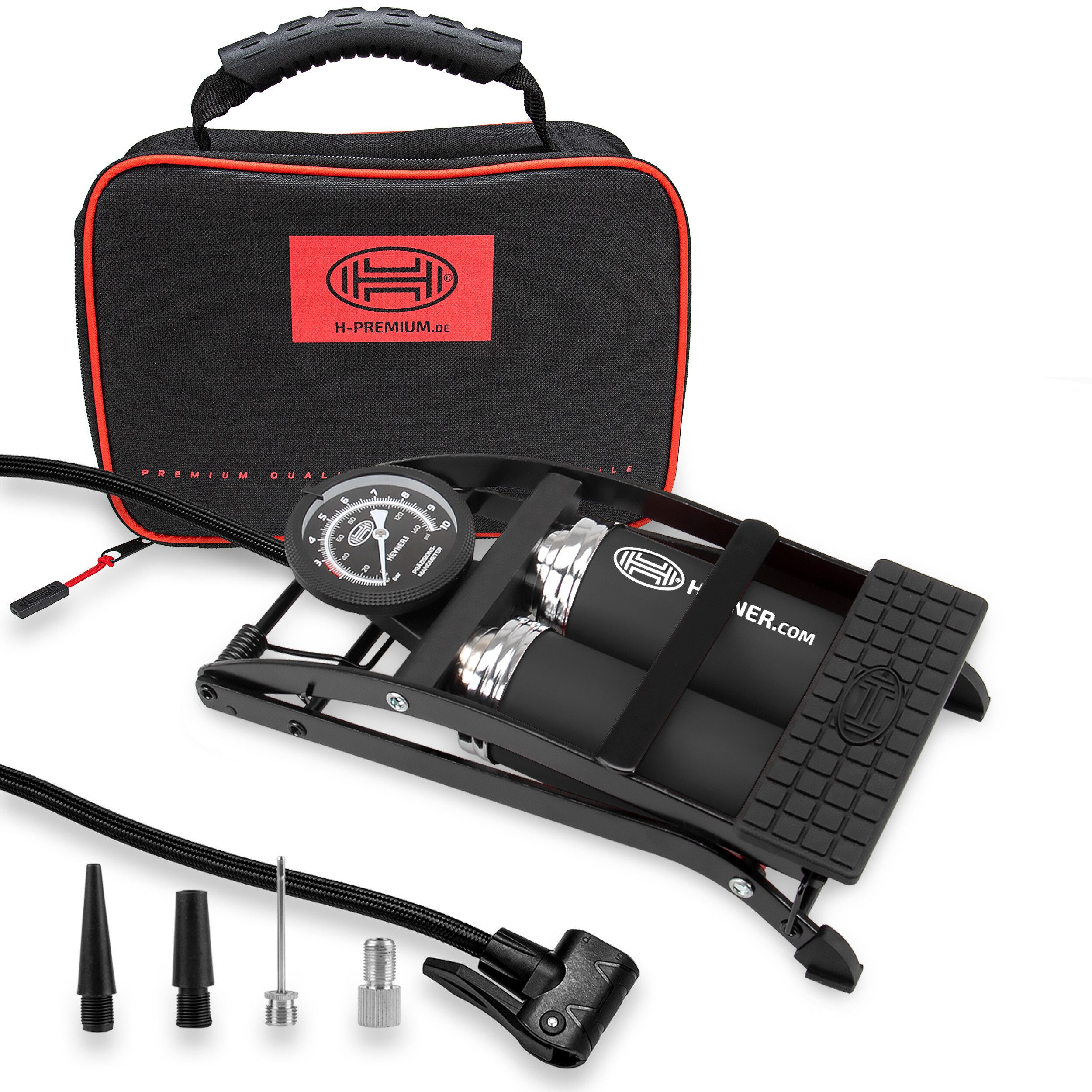 HEYNER Luftpumpe Fußpumpe Doppelzylinder Fahrradpumpe Luftpumpe 10 Bar + Tasche (1-tlg)