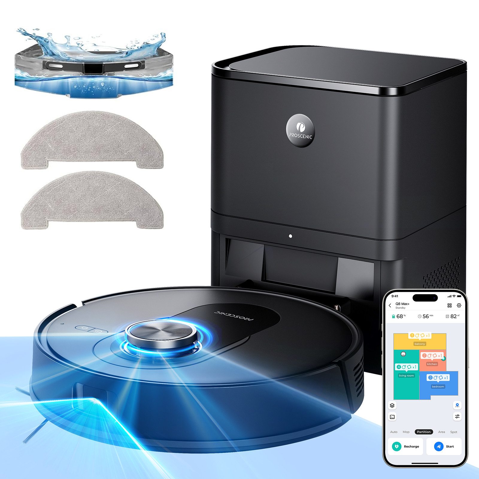 Proscenic Вакуумный робот Q8 MAX+ 8000Pa, 200 Min, 3L Staubbeutel, Selbstentleerungsstation,64dB, mit Beutel, bis zu 60 Tage Wartungsfrei, Selbstreinigungsfunktion, Appsteuerung (Upgrade von Q8/Q8 MAX)