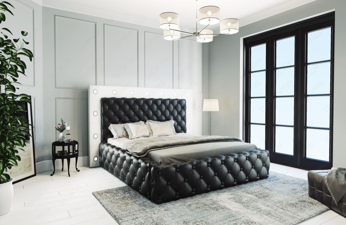 Premium Kunstleder LED Topper Komplettbett Boxspringbett Bett mit mit Sofa Alessandria Beleuchtung, Dreams schwarz-weiß