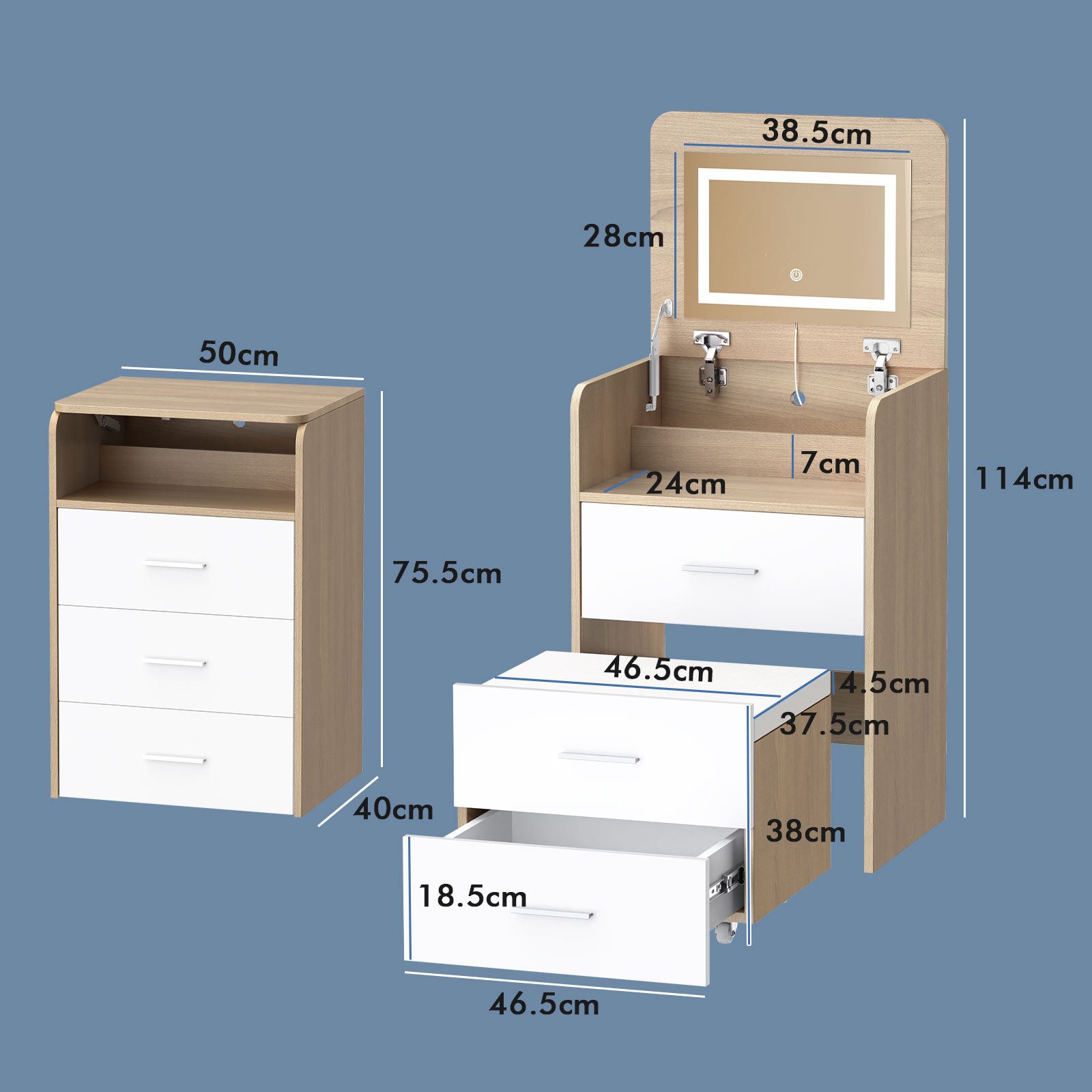 ALFORDSON Schminktisch LED-Nachttisch, tragbarer Schreibtisch, 3-in-1-Flip-Top-Design (1-St), Mit beleuchtetem Spiegel, Stauraum und klappbarer Platte