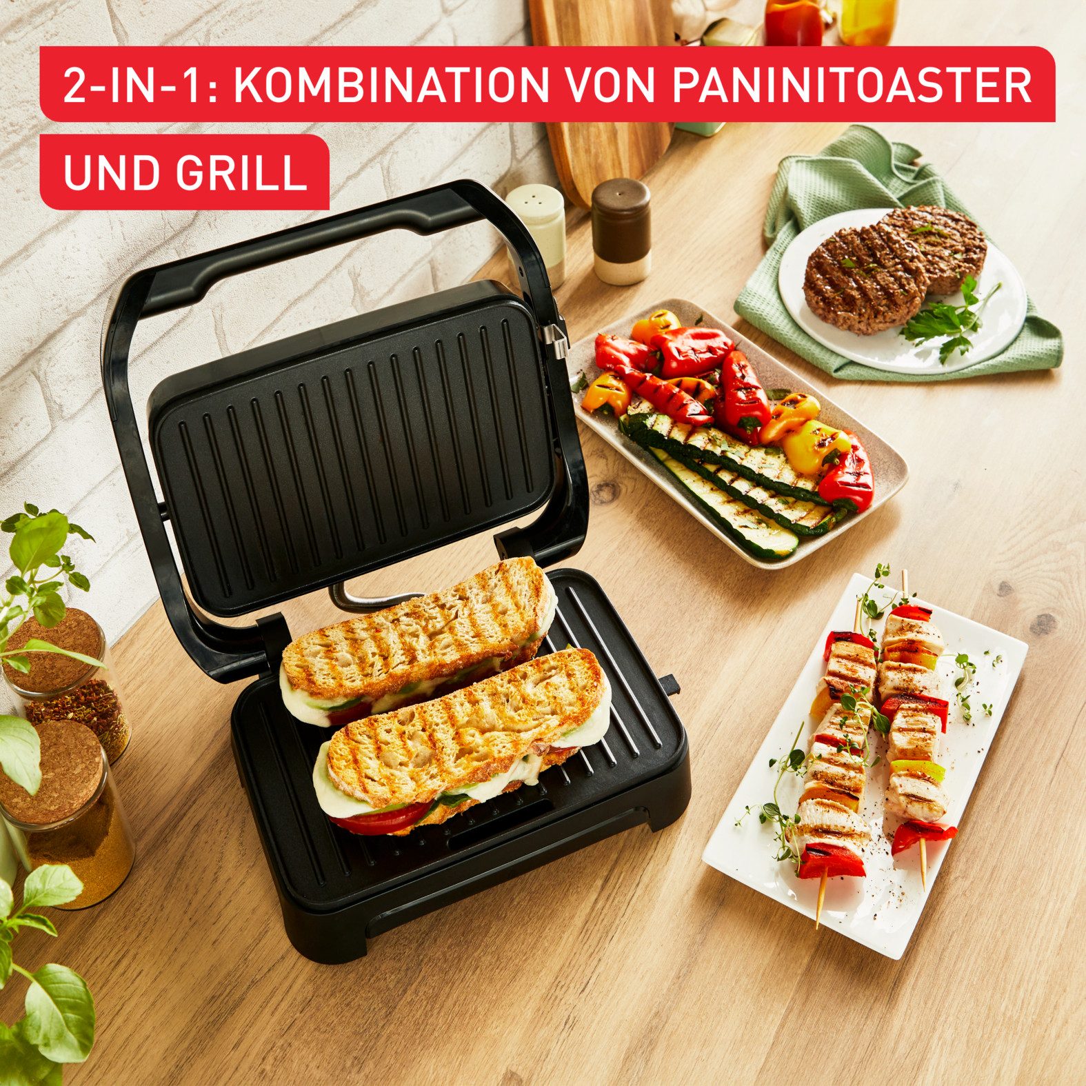 Tefal Kontaktgrill Inicio Compact, 2-in-1 Panini /Grill, antihaftbeschichtetete Platten, 1000 W, Platzsparendes Design, spülmaschinengeeignete Saftschale, GC270D