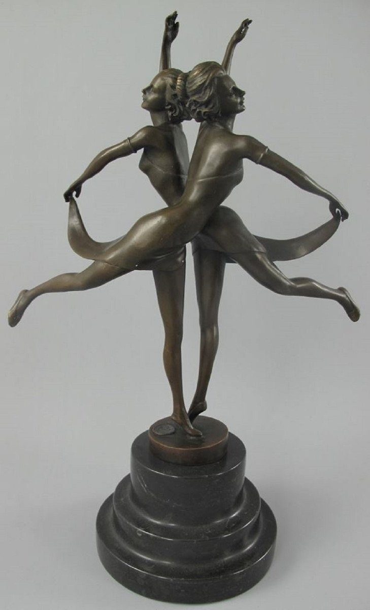 Casa Padrino Dekofigur Luxus Jugendstil Bronze Skulptur Tänzerinnen mit Marmorsockel Bronzefarben / Schwarz 24 x 13 x H. 36 cm - Bronzefigur - Dekofigur - Deko Accessoires