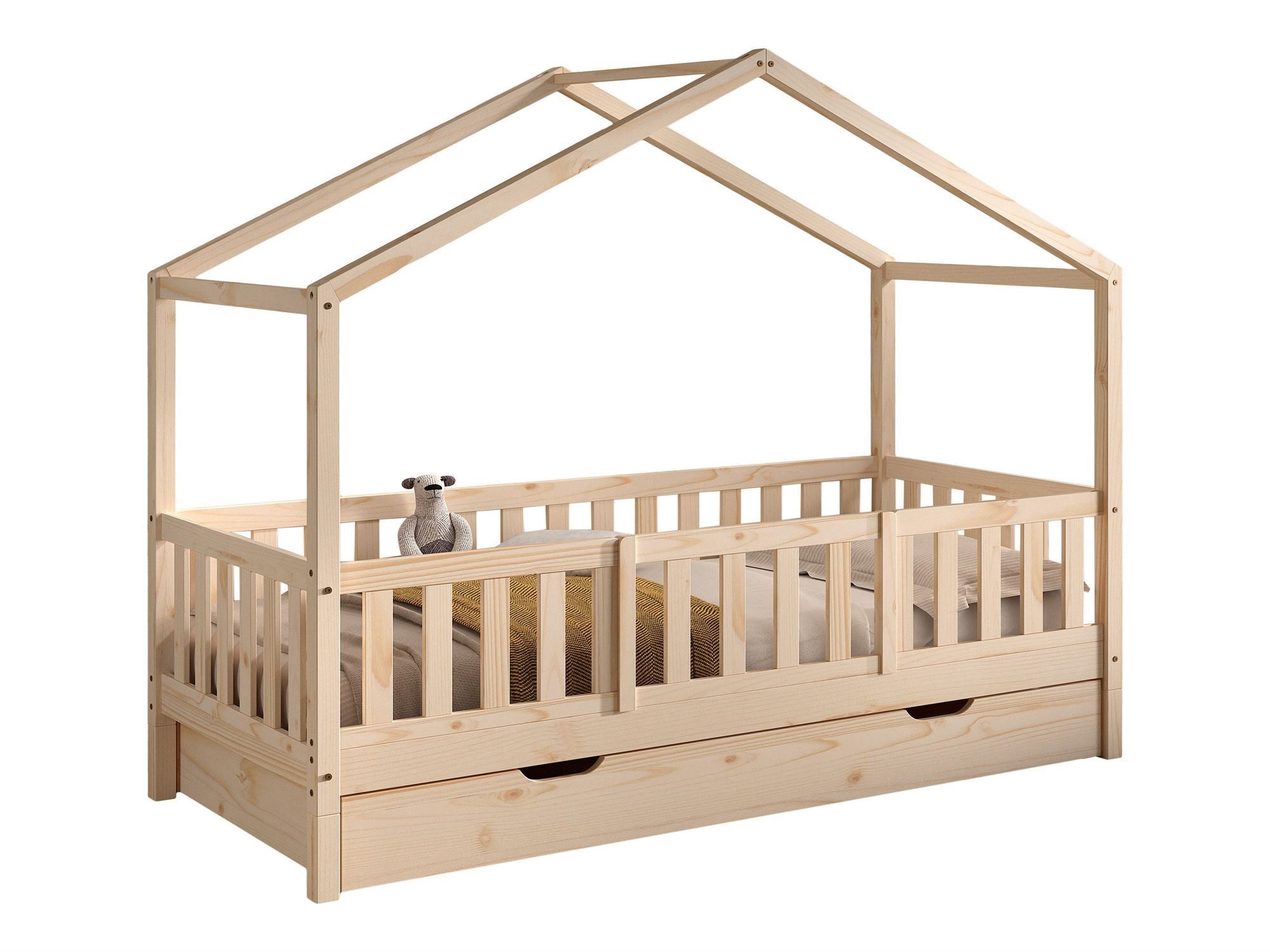 Kinderbett Hausbett Kapua 90x200 Bettschublade Rausfallschutz Kiefer massiv natur