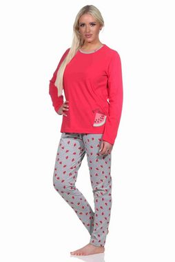 Normann Pyjama Damen Schlafanzug lang mit Melone als Motiv, Hose allover bedruckt