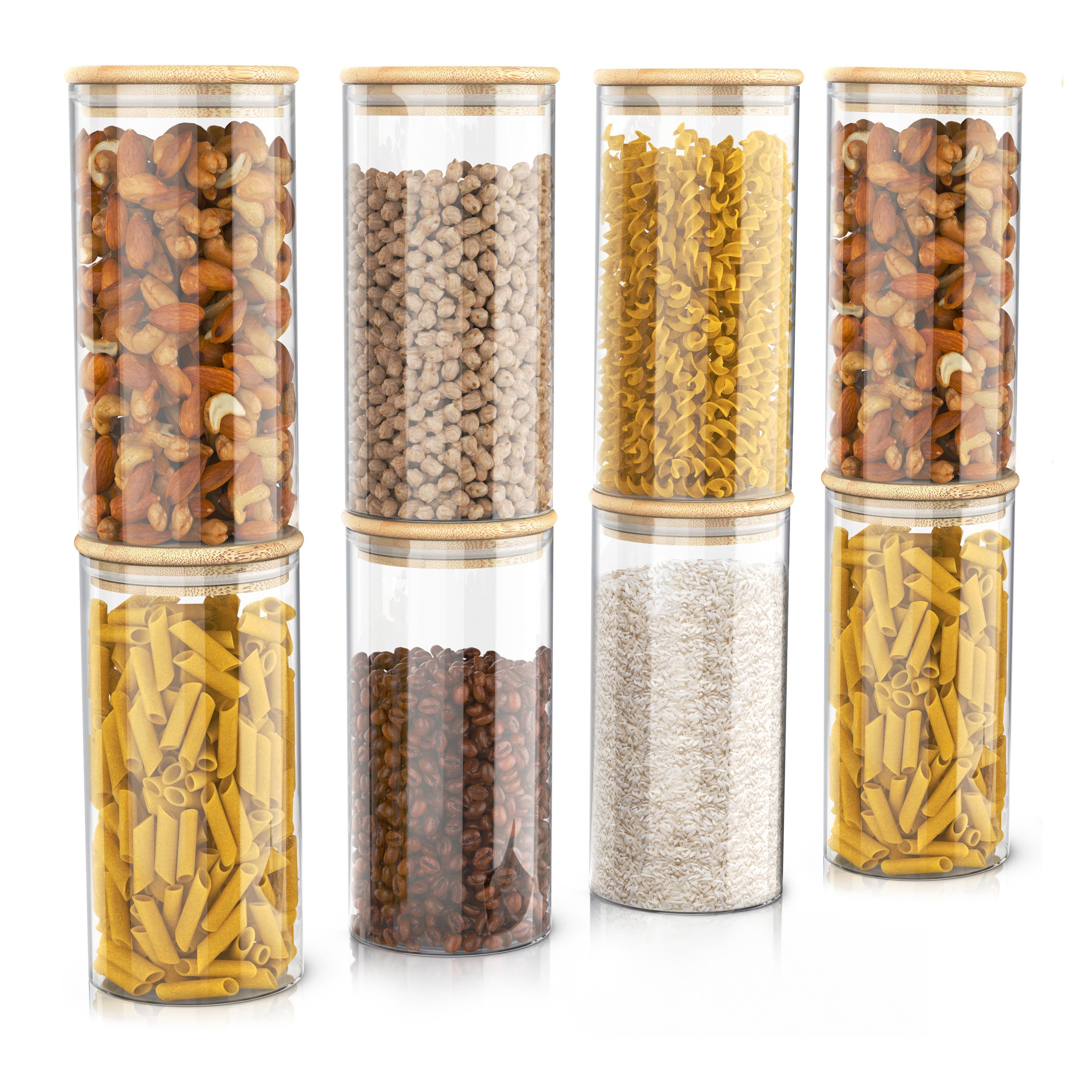 Arendo Aufbewahrungsbecher Glasbehälter-Set 8x 1,5 L Borosilikatglas mit Bambusdeckel, luftdicht, Borosilikatglas, Bambus, Silikon, (Vorratsbehälter-Set, 8-tlg., 8er Set), Vorratsdosen, Vorratsgläser, Hitzebeständig, mikrowellengeeignet
