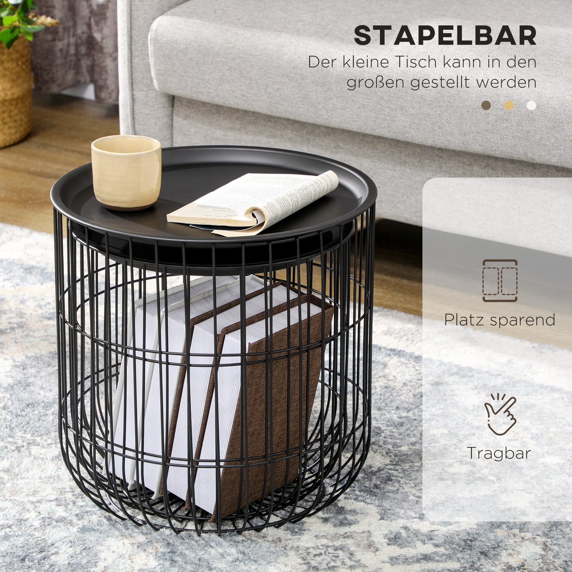 HOMCOM Couchtisch Runder Beistelltisch mit Stauraum, Skandidesign, Wohnzimmertisch (Sofatisch, 2-St., Kaffeetisch), für Wohnzimmer, Schlafzimmer, Stahl, Schwarz – Bild 4 von 5