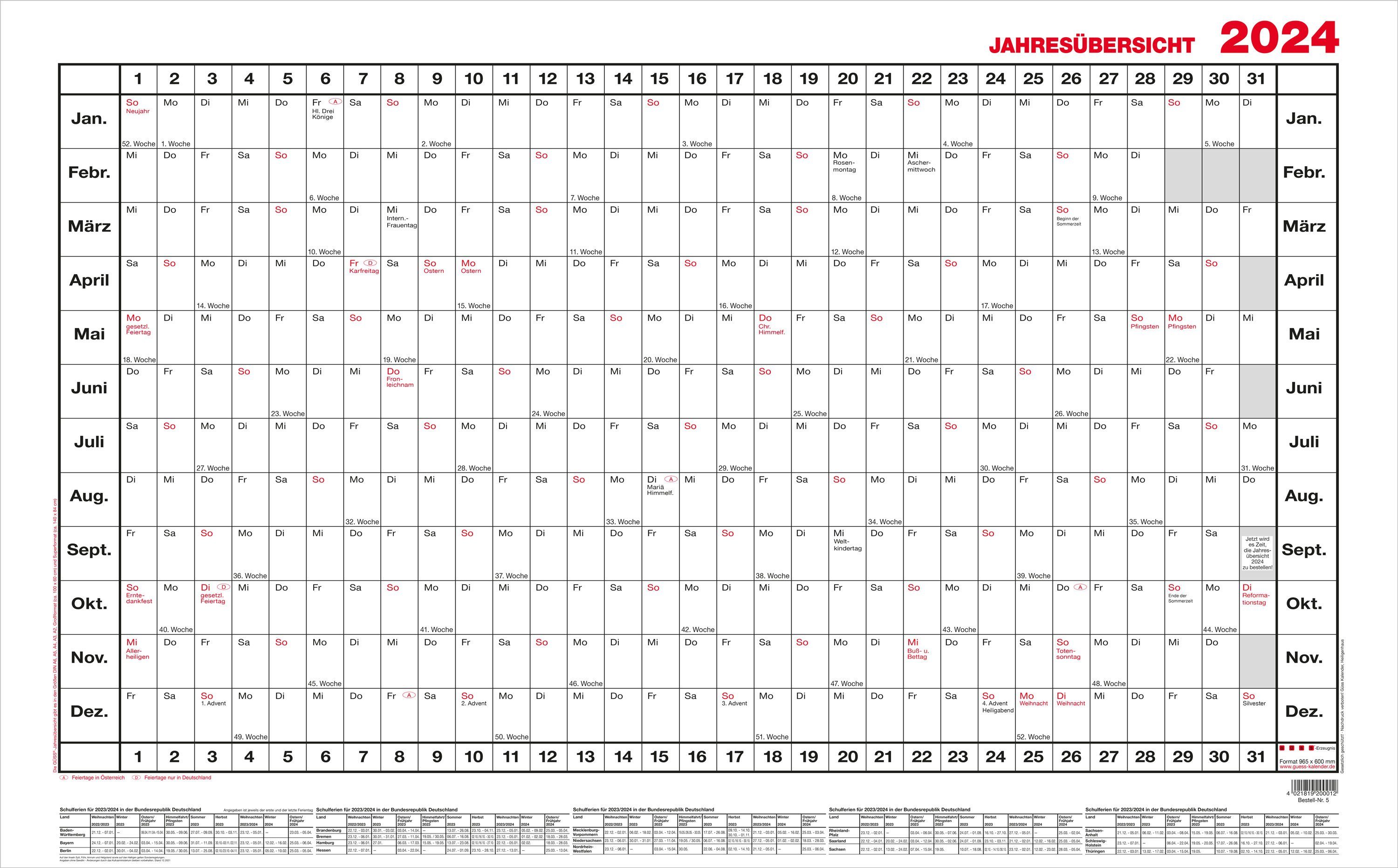 GÜSS Kalender Jahresplaner GÜSS Jahresübersicht Querformat, große Tagesfelder