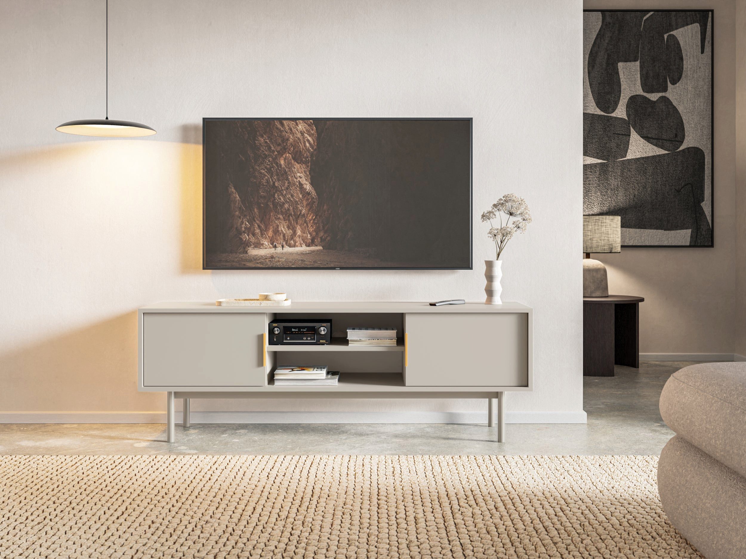 Selsey TV-Schrank VIVIARO 2 türig mit 2 offenen Fächern und Holzbeinen, 154 cm