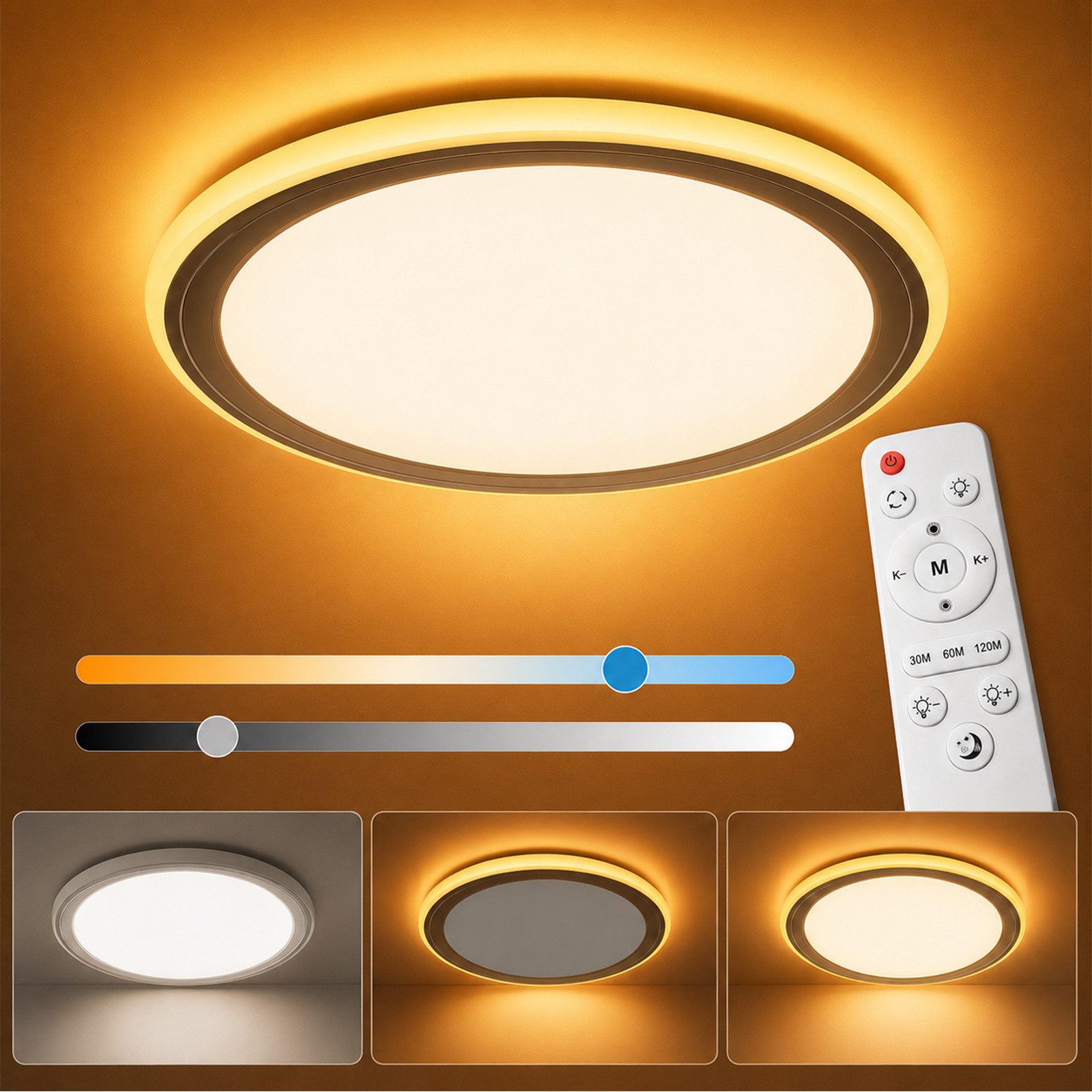 Rosnek LED Deckenleuchte Deckenlampe dimmbar mit Fernbedienung & Nachtlicht, LED fest integriert, 24W, Ø29 cm, 3000–6500K, Kunststoff, für Wohnraum, Büro & Küche
