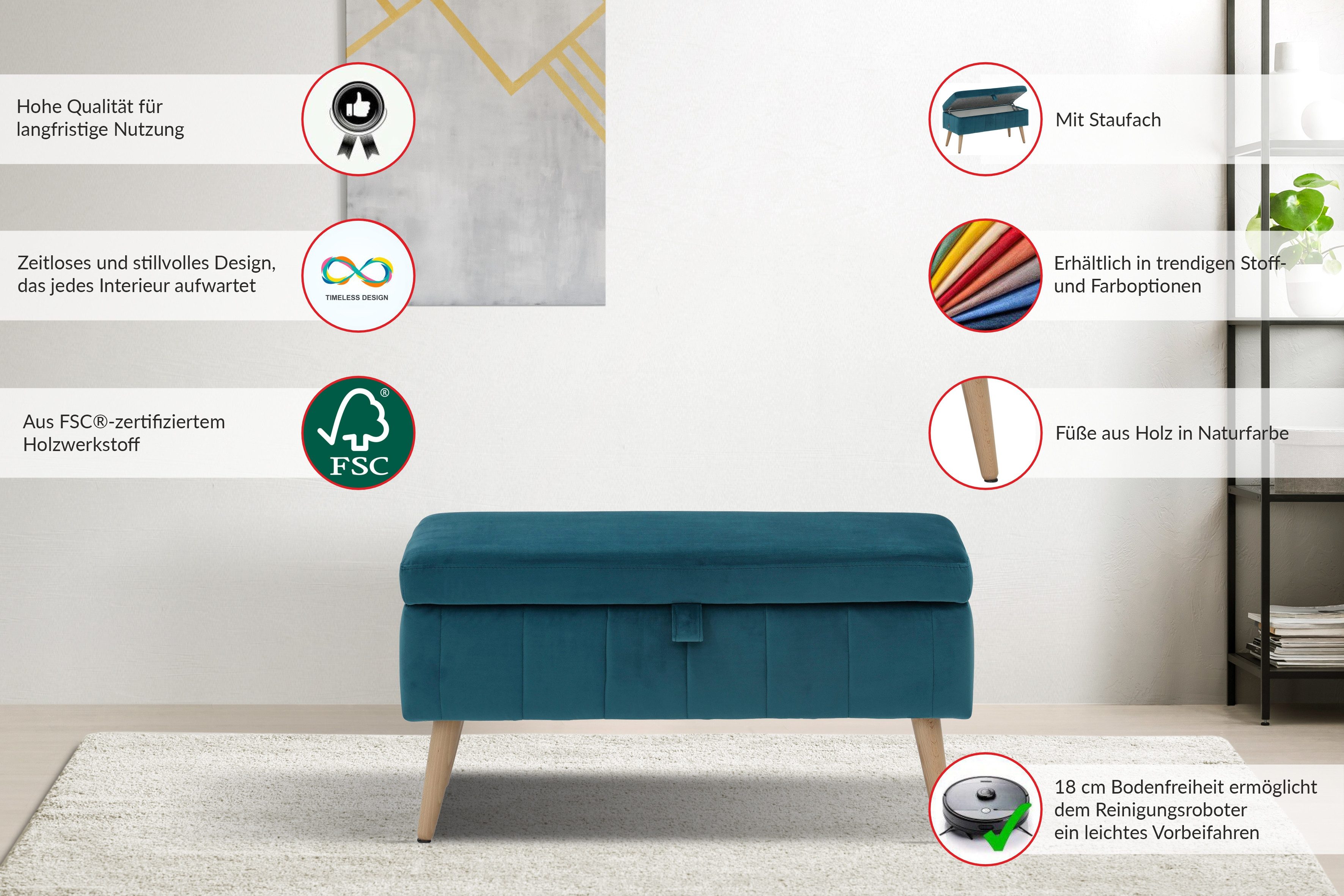 OTTO home Truhenbank AMIRA Sitzbank mit Stauraum, Maße B/T/H: 81/36/43 cm, mit Staufach, in 3 Bezugsqualitäten mit feiner Steppung