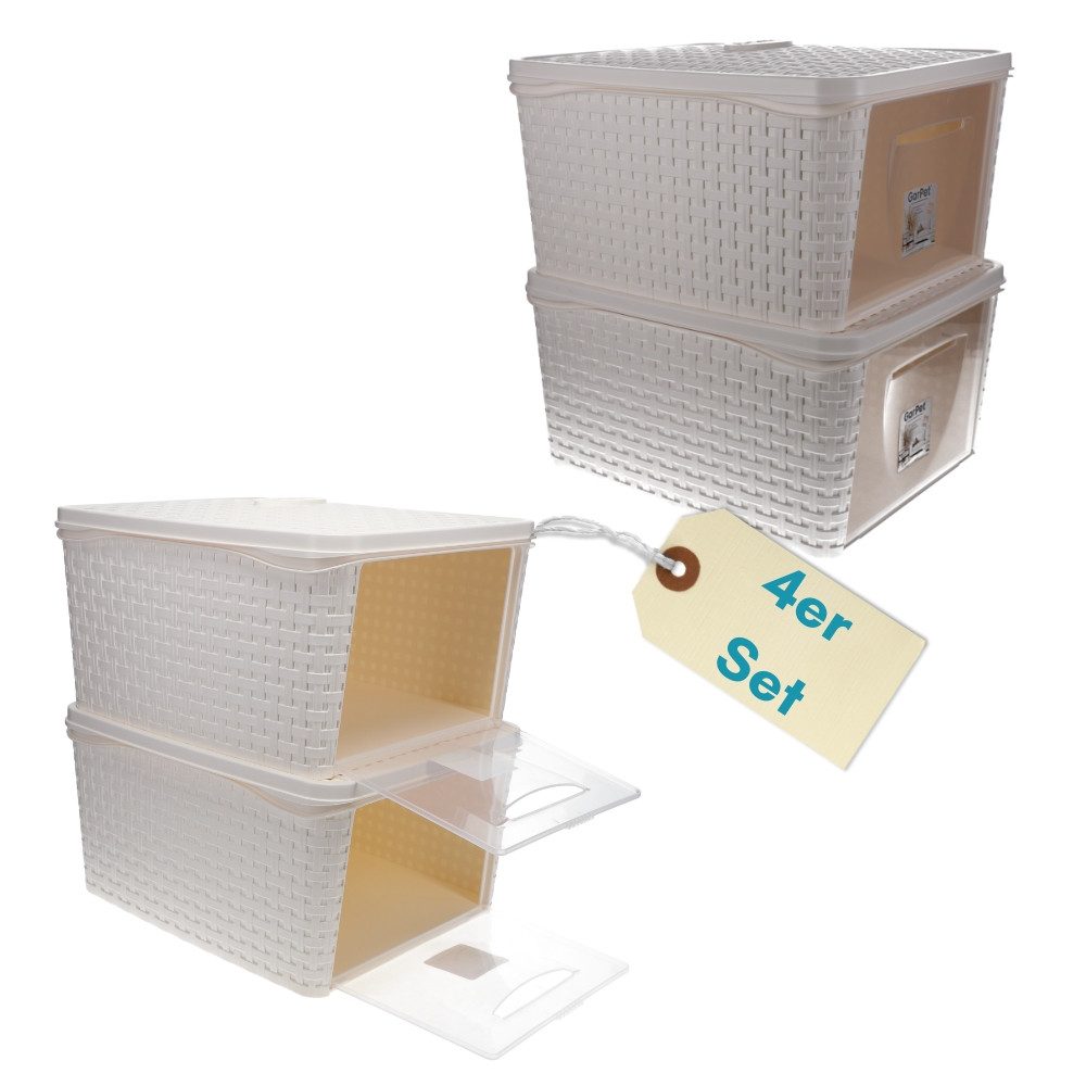 GarPet Aufbewahrungsbox 4er Set Aufbewahrungsbox mit Deckel Weiß Frontöffnung Aufbewahrung, Frontöffnung