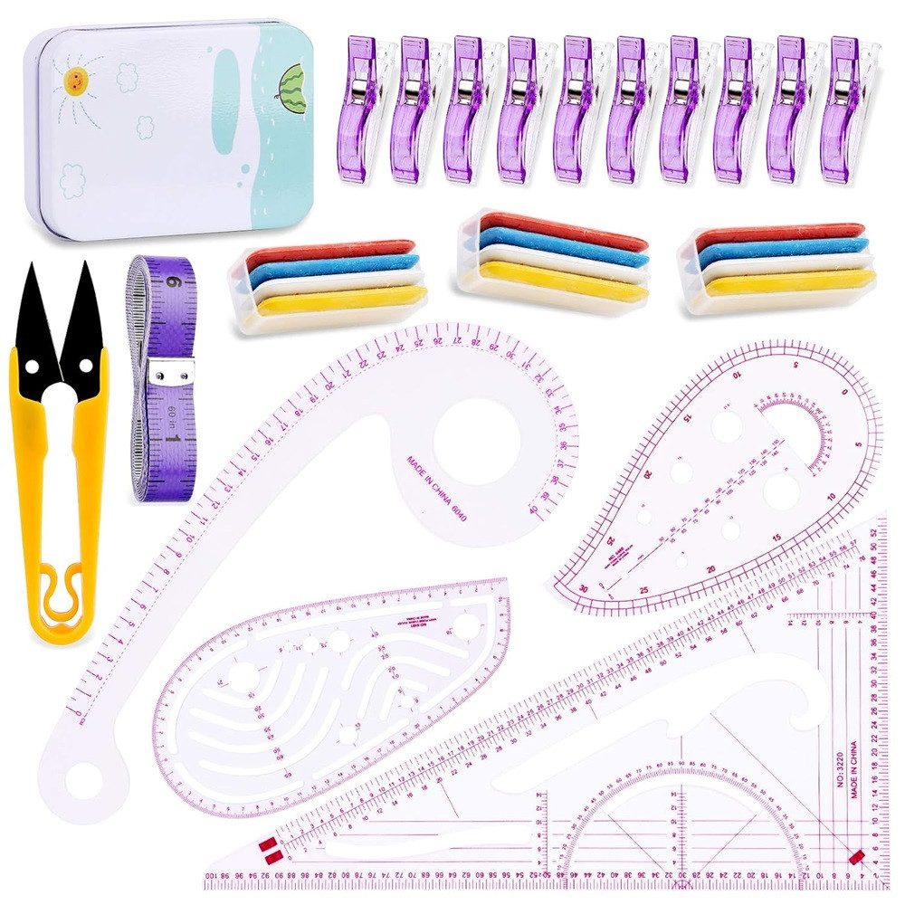 RWEUOQ Lineal Lineal Nähen 4 Stück Zeichnungsvorlage Schneiderwerkzeug für Kleidung, Nähwerkzeuge mit Stoffkreide NähClips perfekt für Designer Nähvorlagen