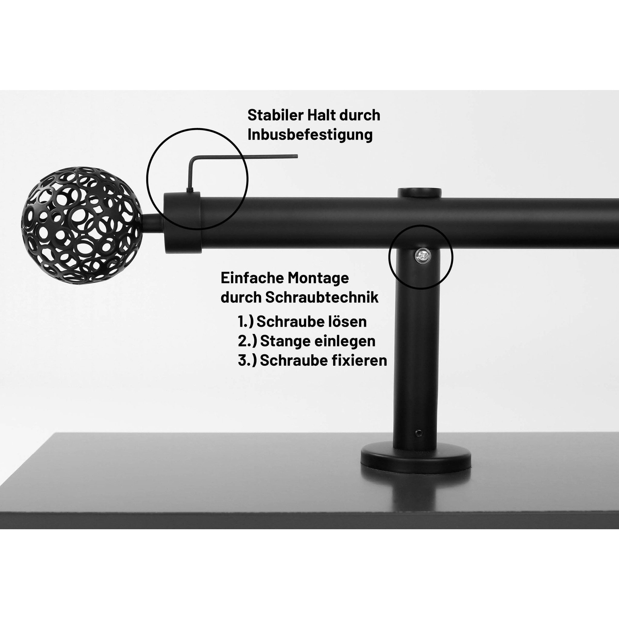 Deco-Raum Gardinenstange Kugel, Ø 25 mm, 1-läufig, kürzbar, Wunschmaßlänge, Bohren, verschraubt, Metall