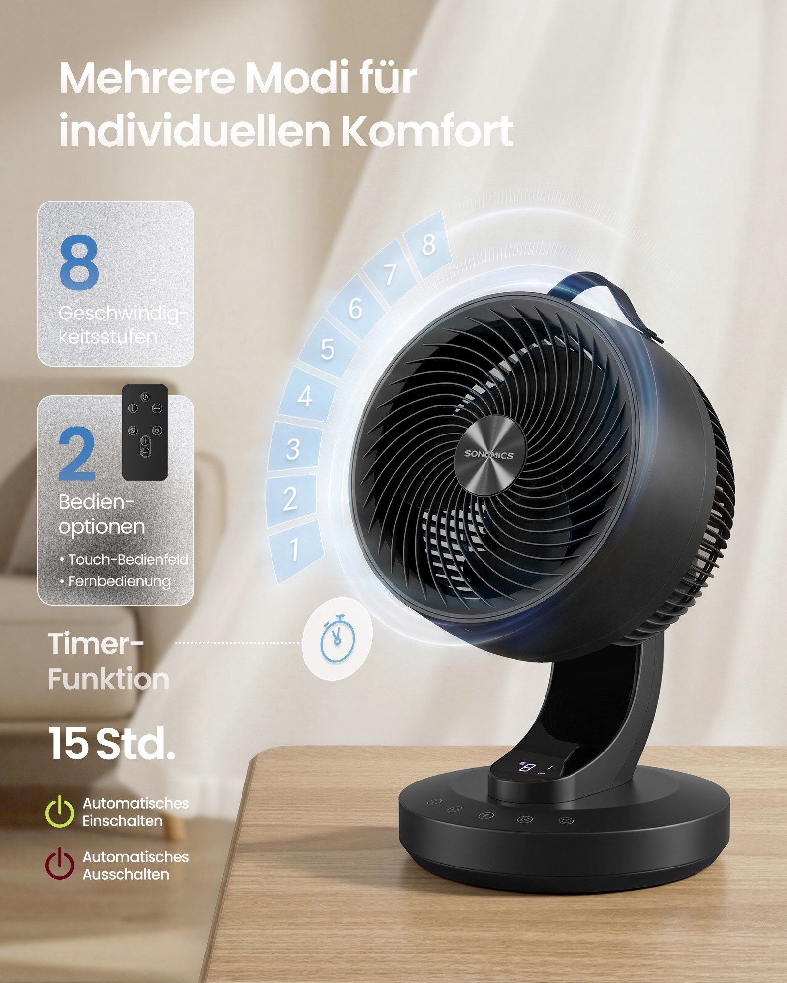SONGMICS Tischventilator 2-in-1:Ventilator & Luftzirkulator, leise 20 dB, LED-Display,12h Timer, 70° Oszillation, 8 Geschwindigkeiten, 25 x 26 x 38,4 cm