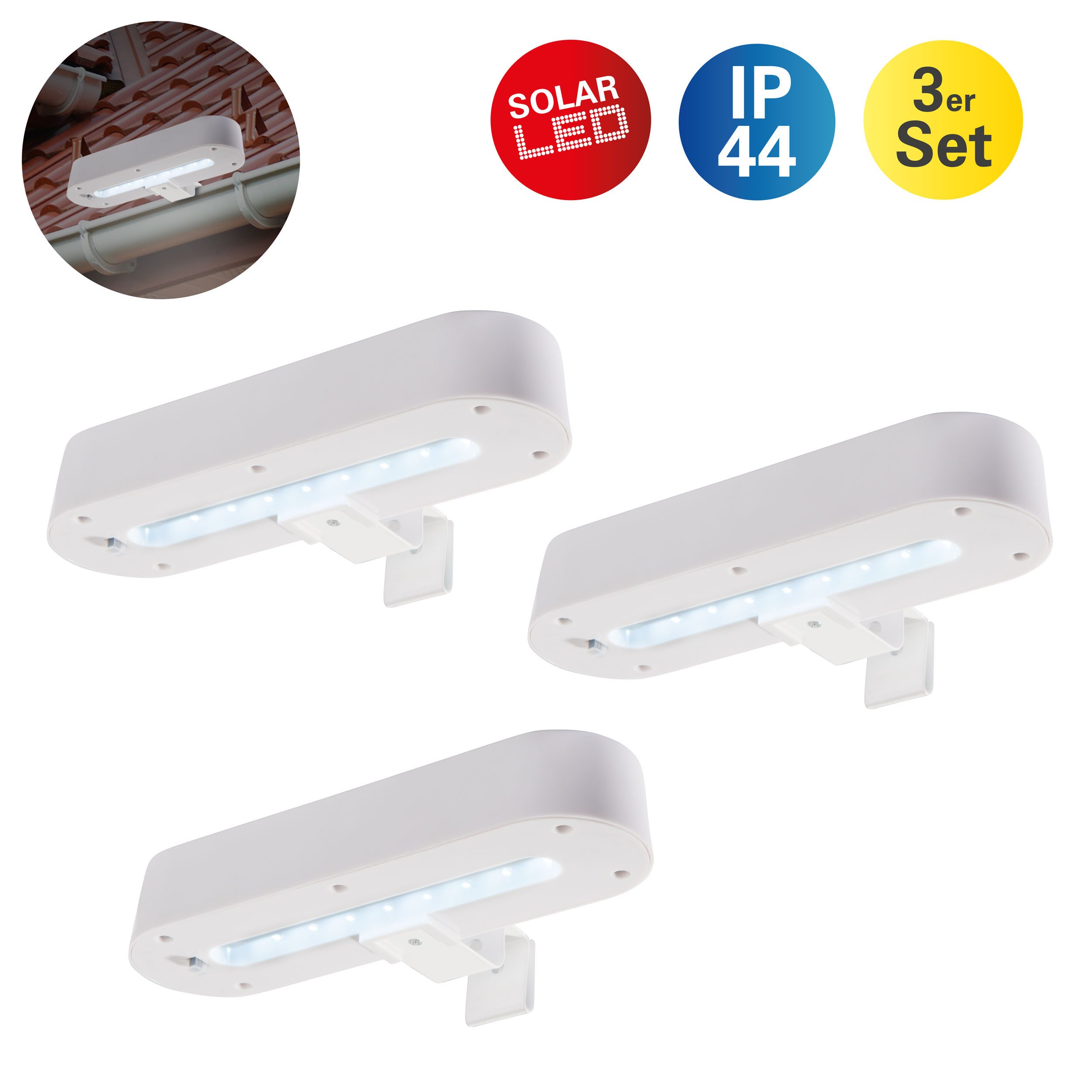 näve LED Solarleuchte Garden Light, LED fest integriert, Neutralweiß, 3er Set Dachrinnenleuchte weiß inkl. Halterung, Schiebeschalter, IP44